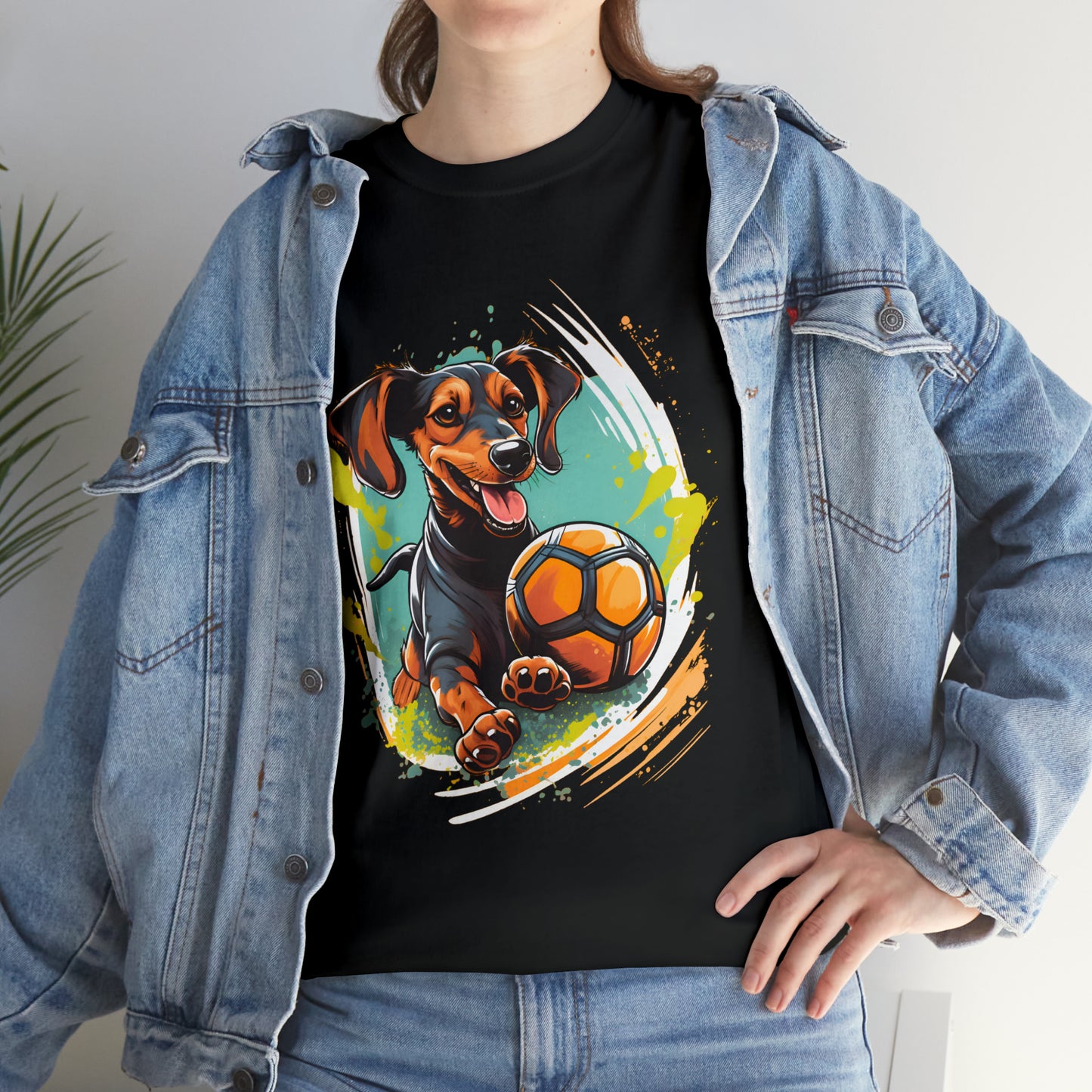 Dachsund Soccer Tee shirt mockup, black, on woman wearing Levi Jeans jacket and pants with Dachsund got a ball unisex soccer tee shirt mockup from soccer shocker.