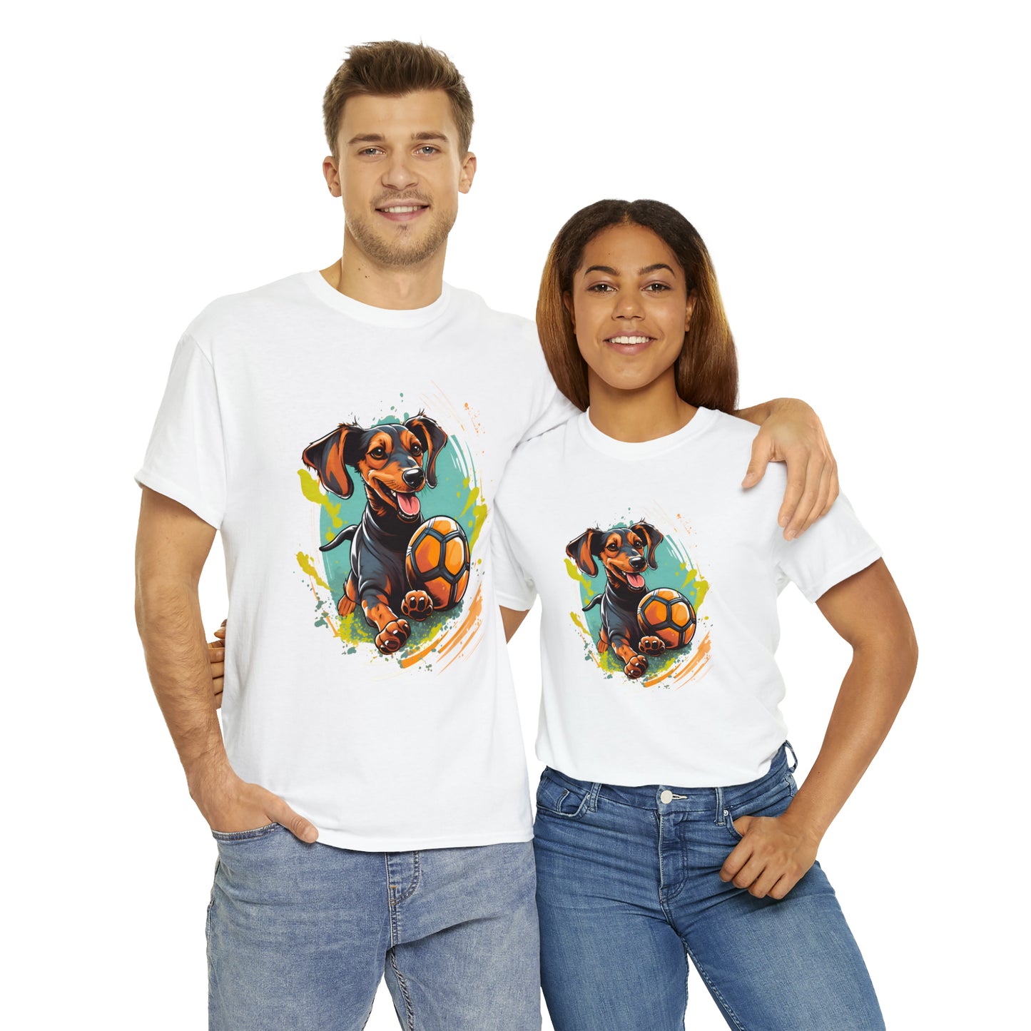 Dachsund Soccer Puppy Shirt - Man and woman wearing white t-shirt and jeans in front of white background. Dachsund got a ball unisex soccer tee shirt mockup from soccer shocker.