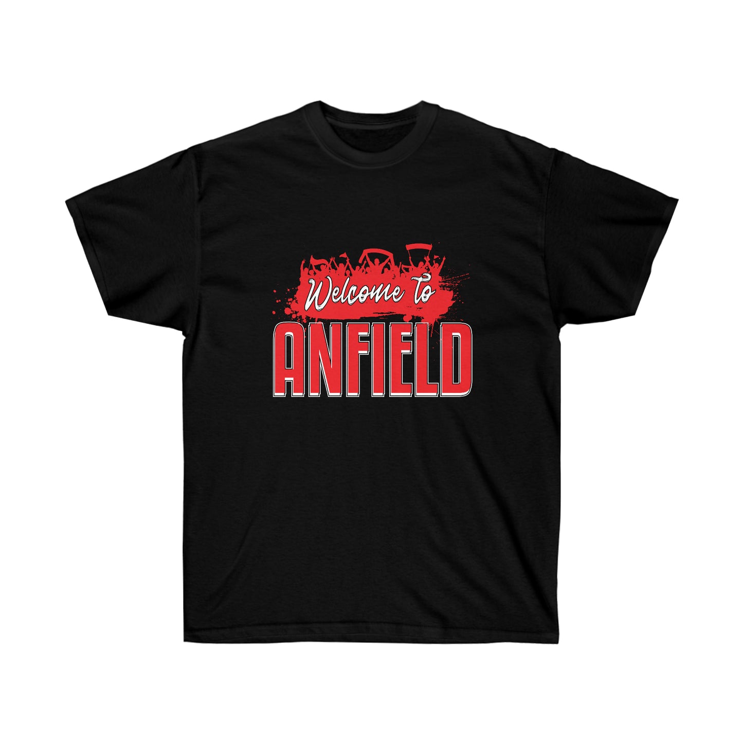 Black tee shirt on a white background, simple mockup. Mock-up of a Welcome To Anfield Tee Shirt From Soccer Shocker With a Red and White Design