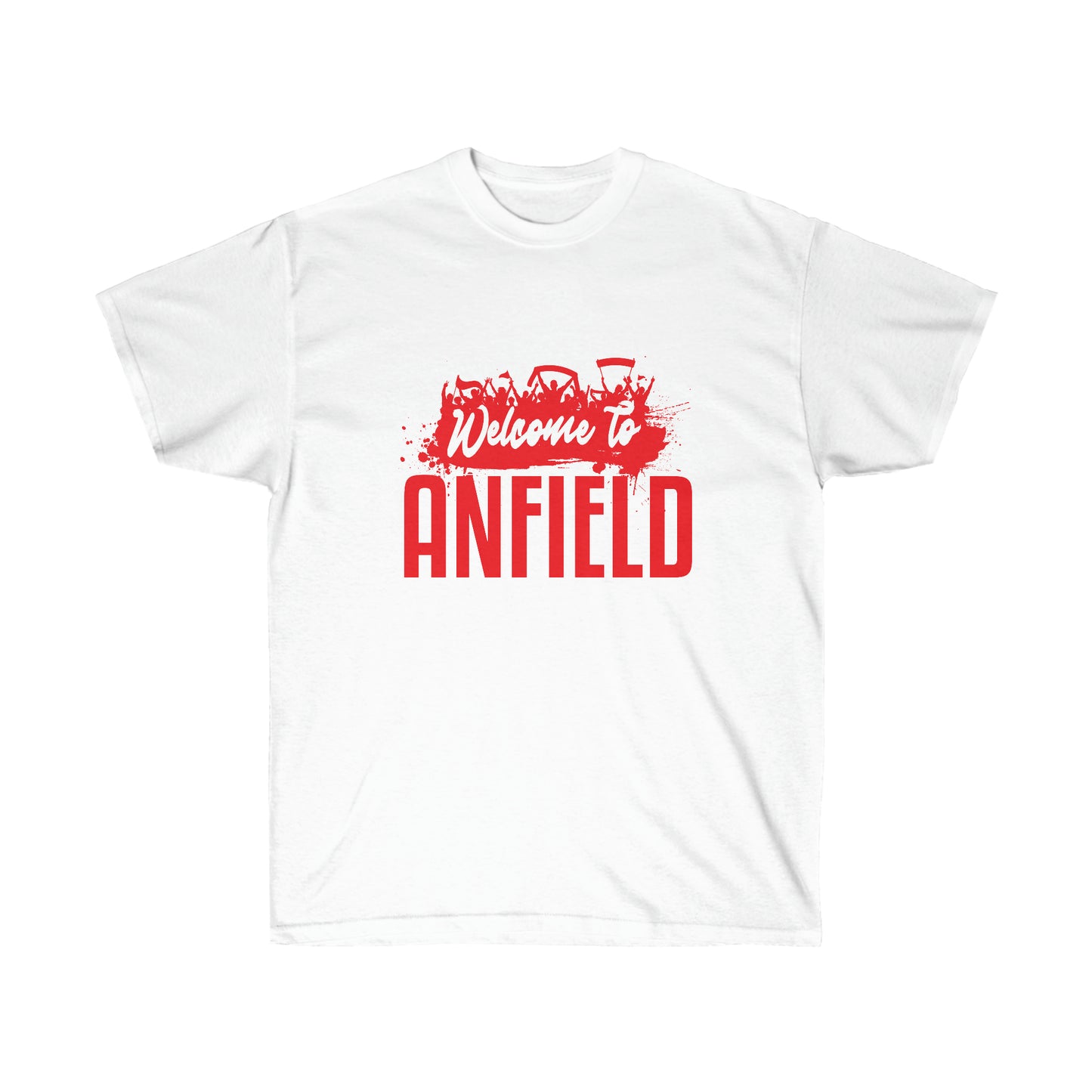 White tee shirt on a white background, simple mockup. Mock-up of a Welcome To Anfield Tee Shirt From Soccer Shocker With a Red and White Design