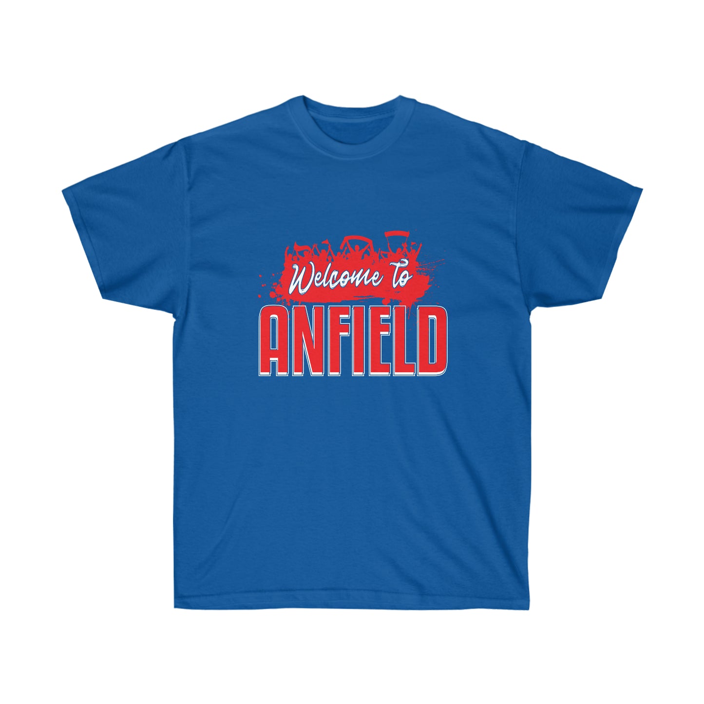 Royal Blue tee shirt on a white background, simple mockup. Mock-up of a Welcome To Anfield Tee Shirt From Soccer Shocker With a Red and White Design