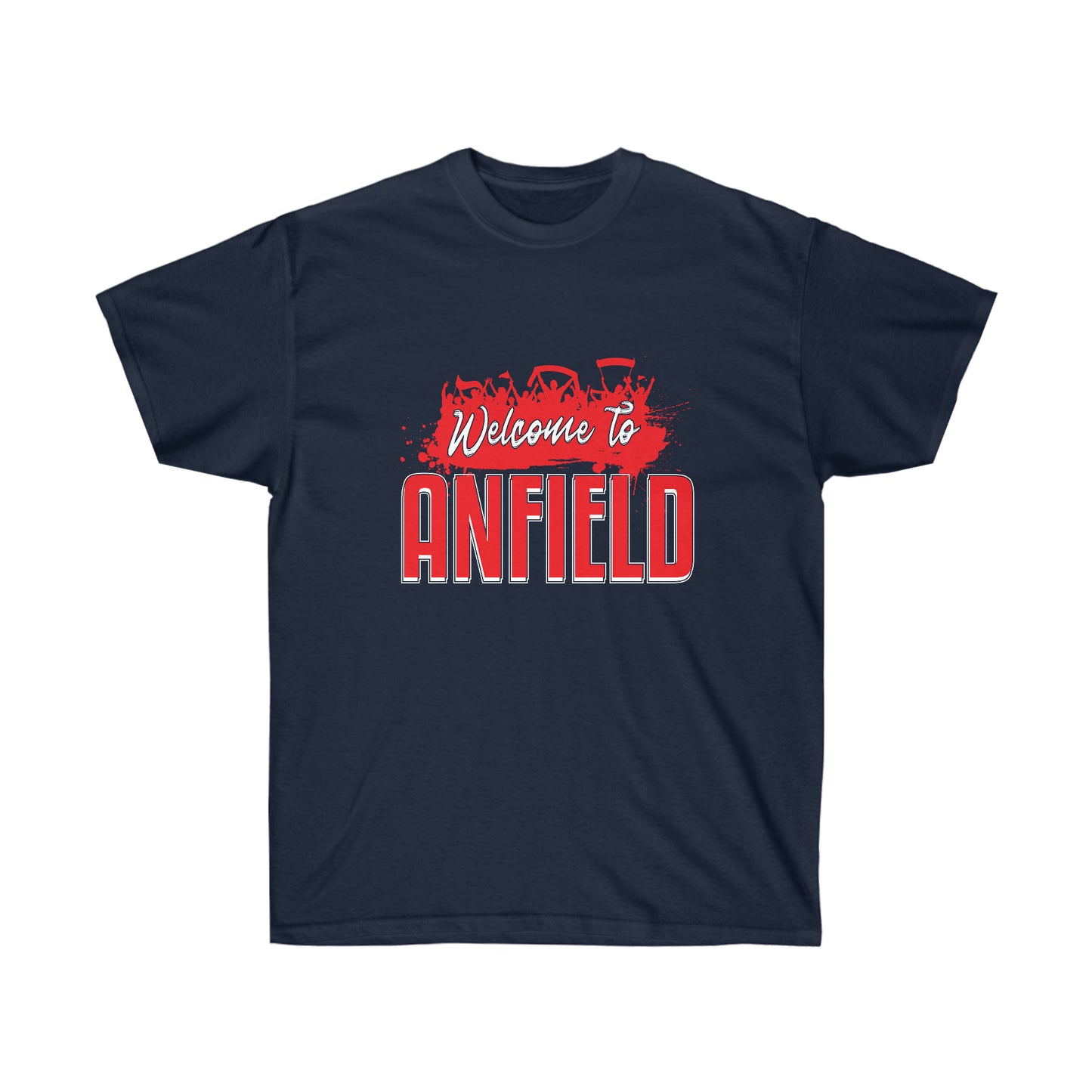 Navy tee shirt on a white background, simple mockup. Mock-up of a Welcome To Anfield Tee Shirt From Soccer Shocker With a Red and White Design