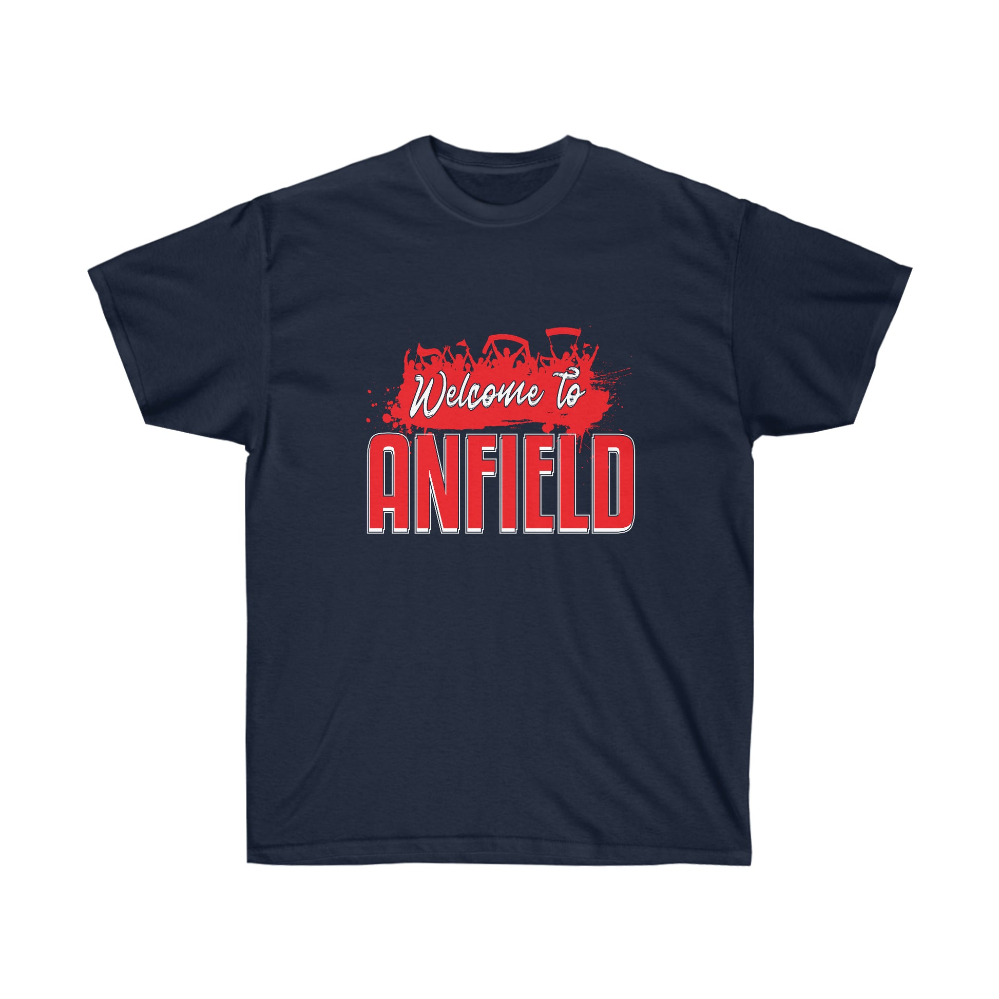 Navy tee shirt on a white background, simple mockup. Mock-up of a Welcome To Anfield Tee Shirt From Soccer Shocker With a Red and White Design