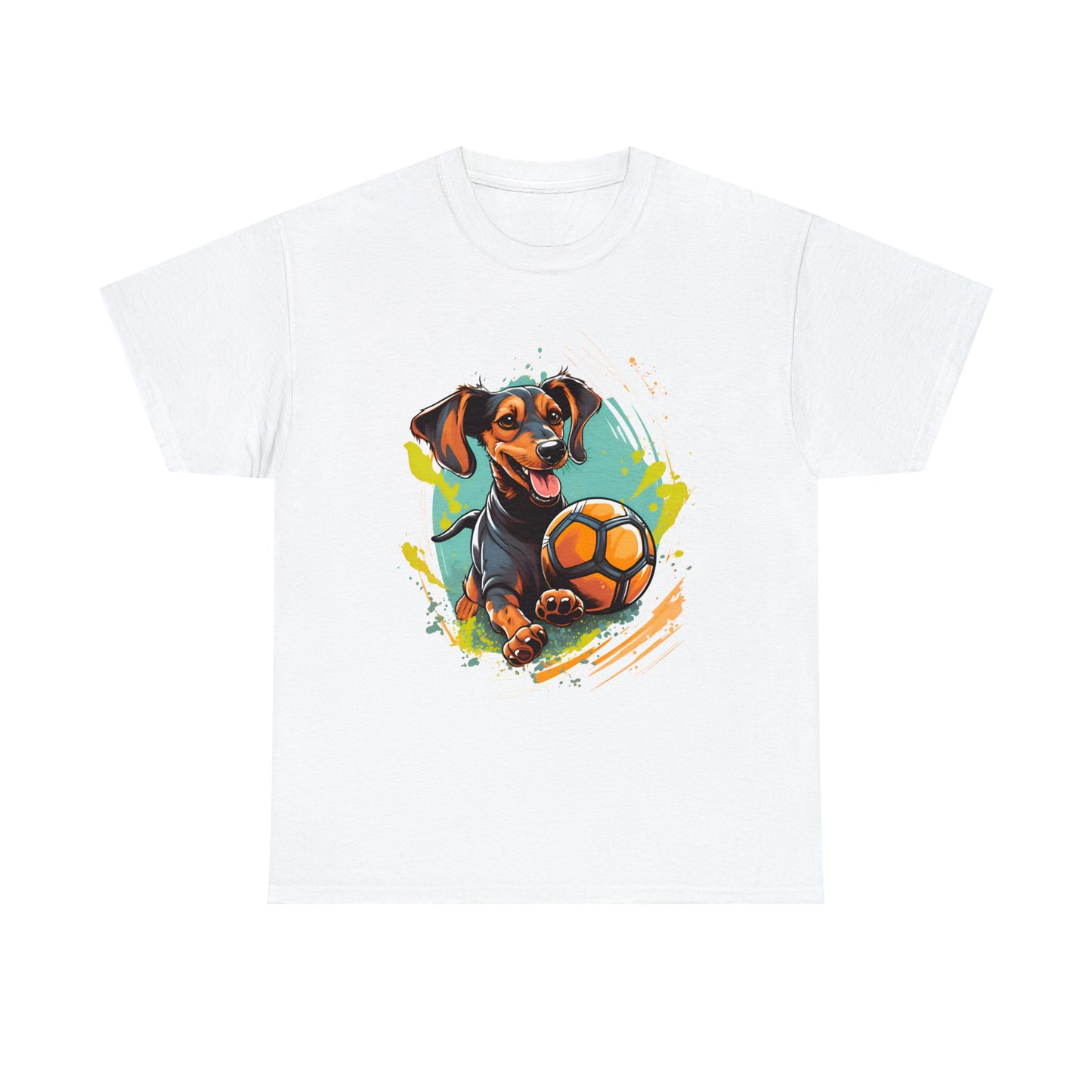 White T-shirt on a white background - Dachsund got a ball unisex soccer tee shirt mockup from soccer shocker.