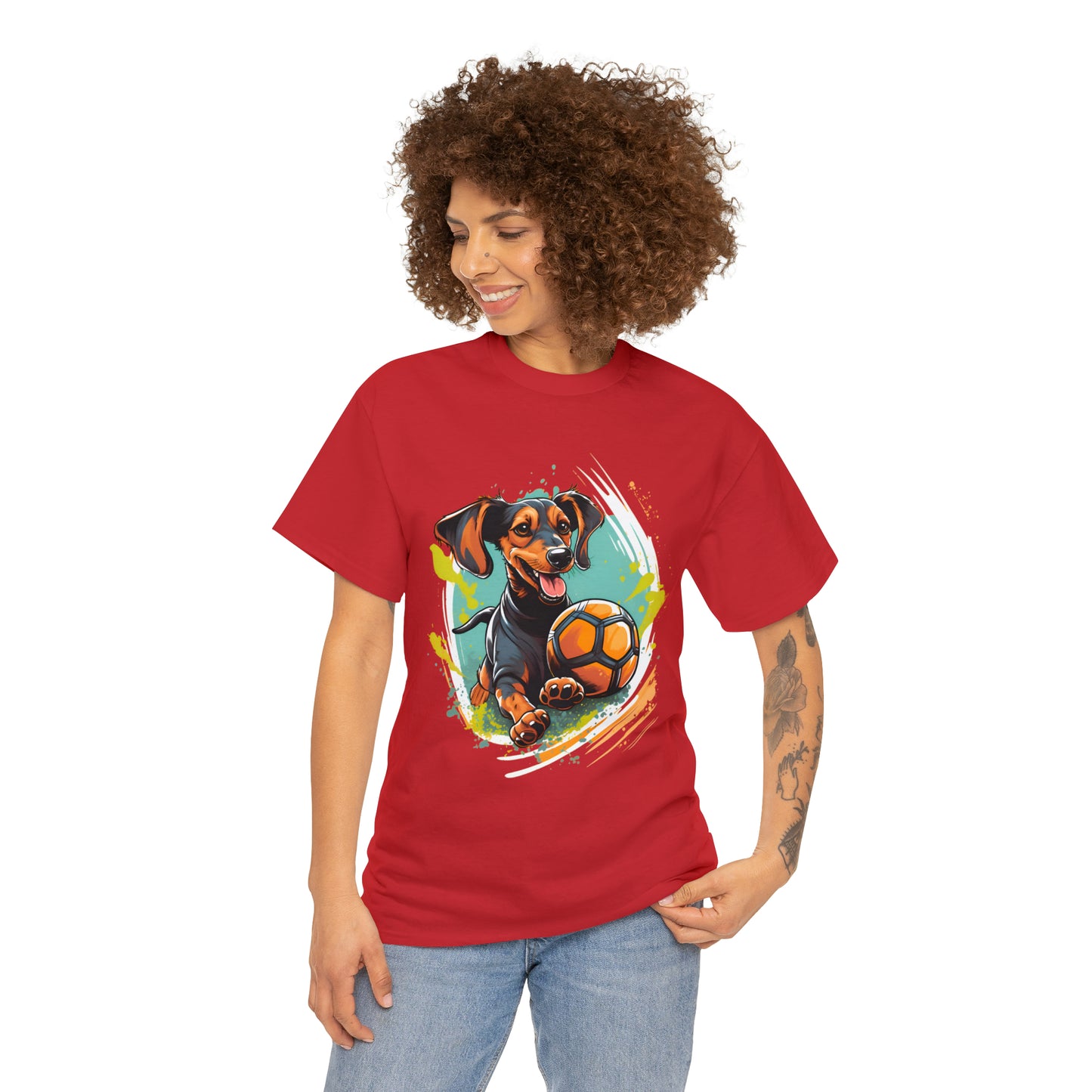 Dachsund soccer shirt - Curly haired woman wearing a red t-shirt in front of a white background. Dachsund got a ball unisex soccer tee shirt mockup from soccer shocker.