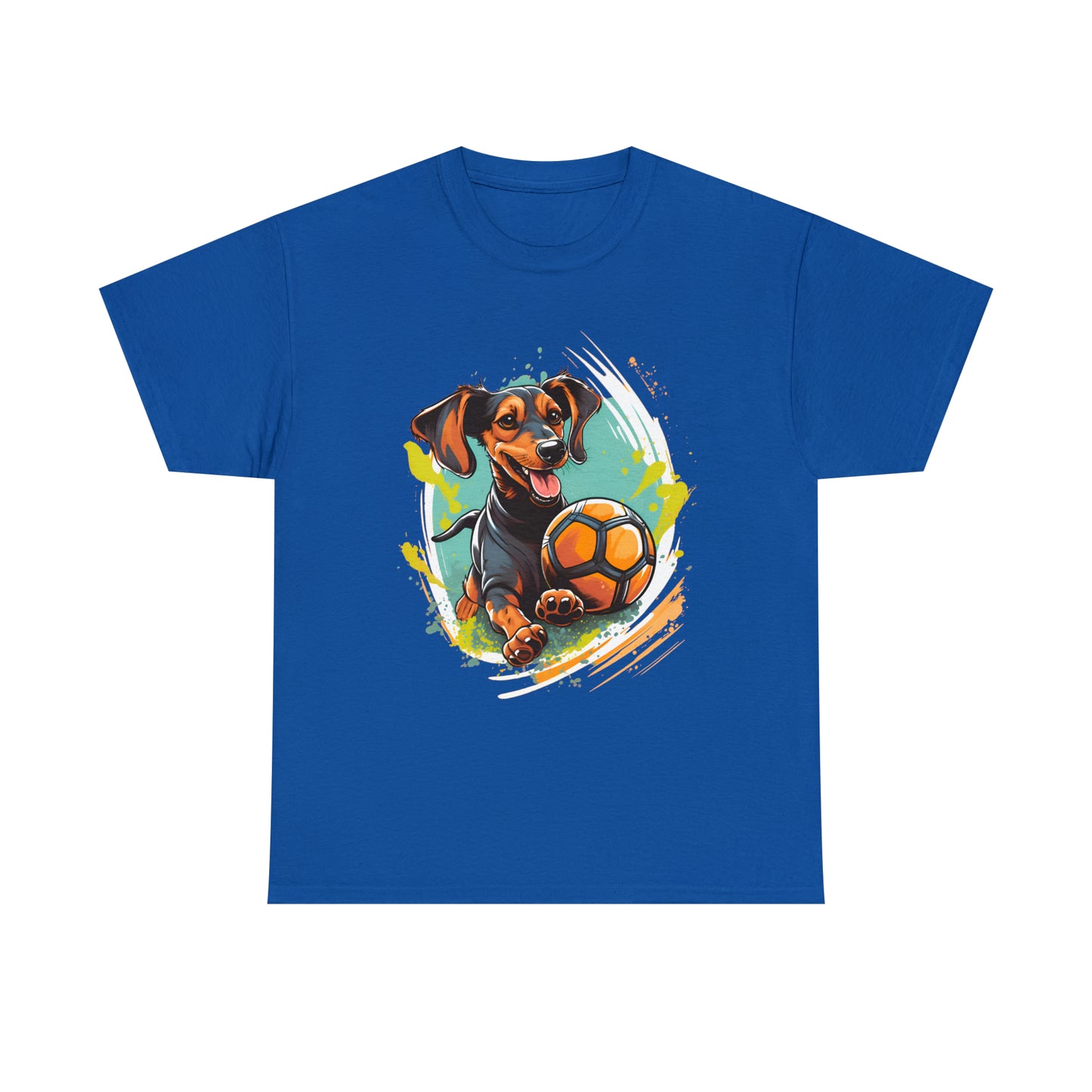 Blue shirt on a white background - Dachsund got a ball unisex soccer tee shirt mockup from soccer shocker.