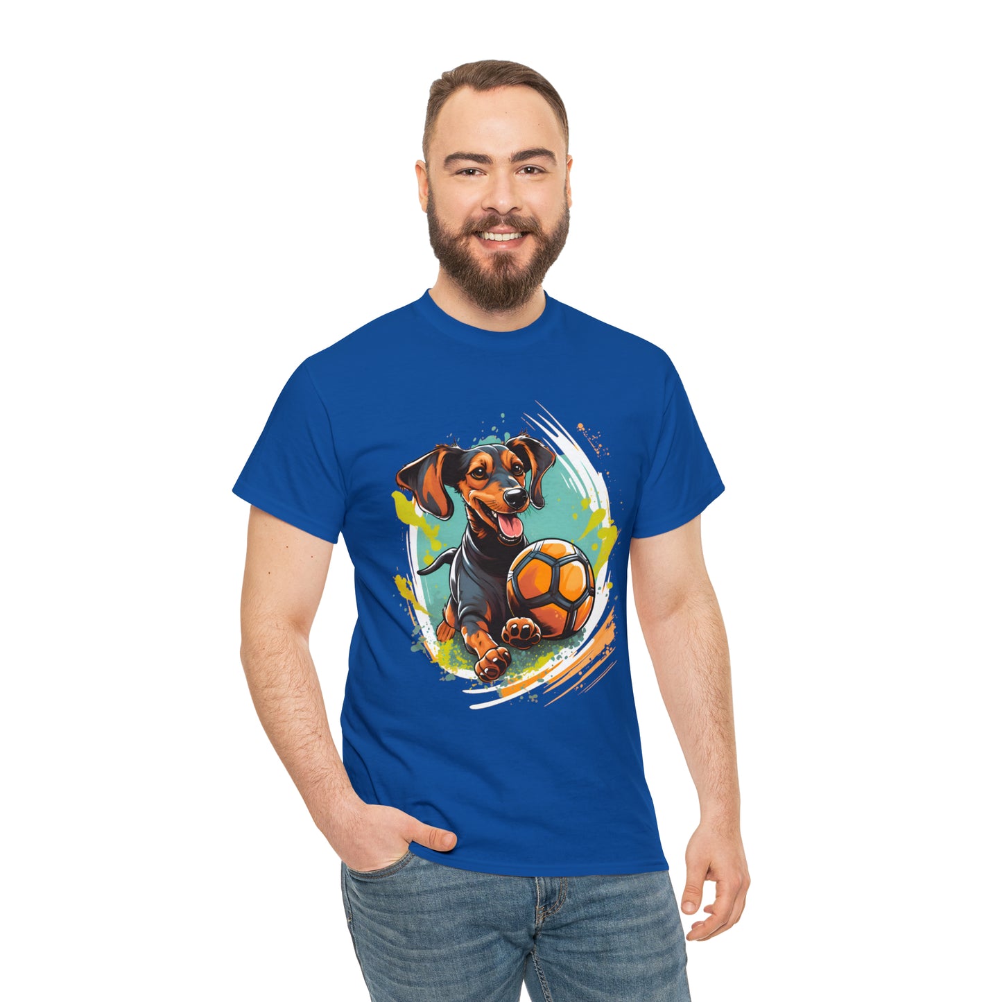 Dachsund Soccer Puppy shirt. Man with beard wearing blue shirt in front of white background. Dachsund got a ball unisex soccer tee shirt mockup from soccer shocker.