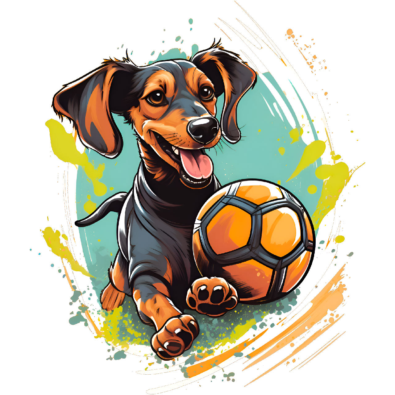 Design mockup of dachsund puppy soccer tee shirt - white background, black and brown dachsund with an orange soccer ball and some teal and green and brown splash art. Dachsund got a ball unisex soccer tee shirt mockup from soccer shocker.