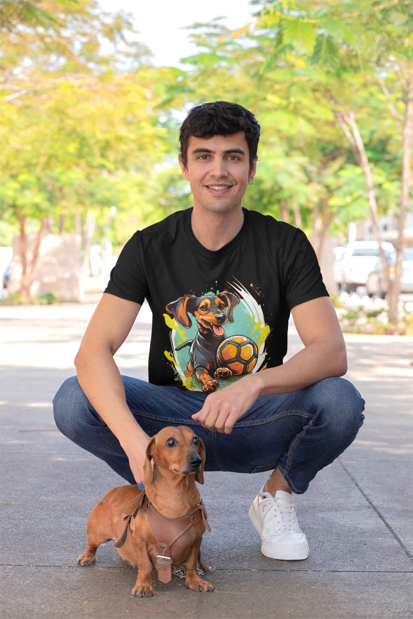 Dachsund Soccer Tee shirt - Black Dachsund got a ball soccer tee shirt unisex mockup With model and actual dog.