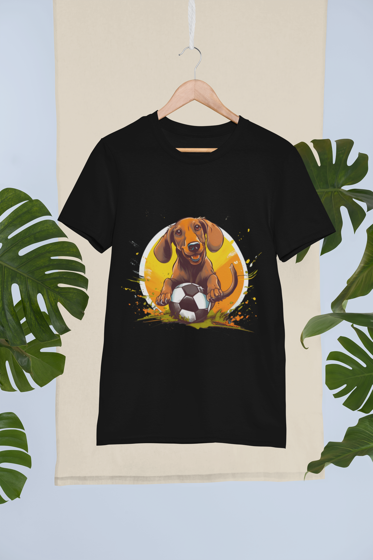 Black t-shirt mockup, wooden hanger, white background with palm leaves.Delighted Dachsund t-shirt design, mockup, perfect for dog lovers. You might say "hot dog!" Short hair breed. Pet lovers.