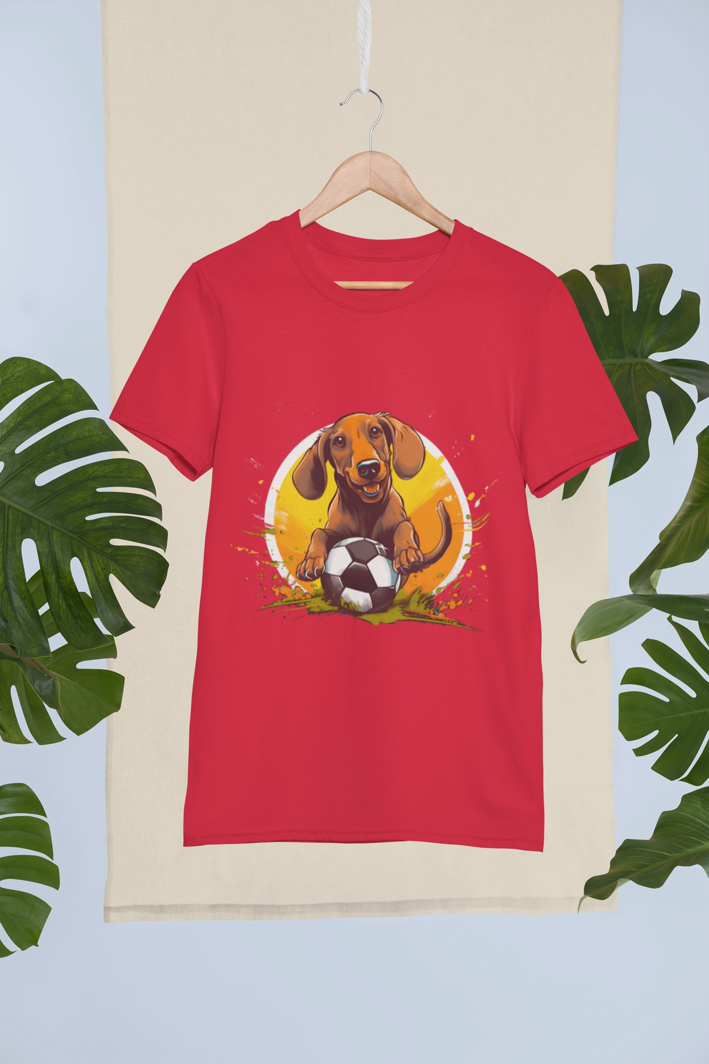 Red t-shirt mockup on a white background with white palm leaves, on a wooden hanger. Delighted Dachsund t-shirt design, mockup, perfect for dog lovers. You might say "hot dog!" Short hair breed. Pet lovers.