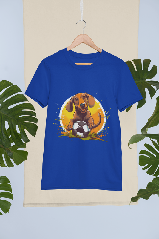 Blue mockup on a wooden hanger with a white background. Delighted Dachsund t-shirt design, mockup, perfect for dog lovers. You might say "hot dog!" Short hair breed. Pet lovers.