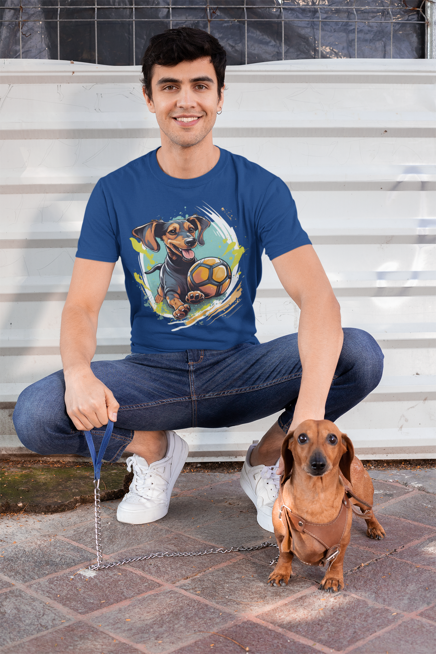 Dachsund soccer shirt - Navy Blue Dachsund got a ball soccer tee shirt unisex mockup with model and actual dog