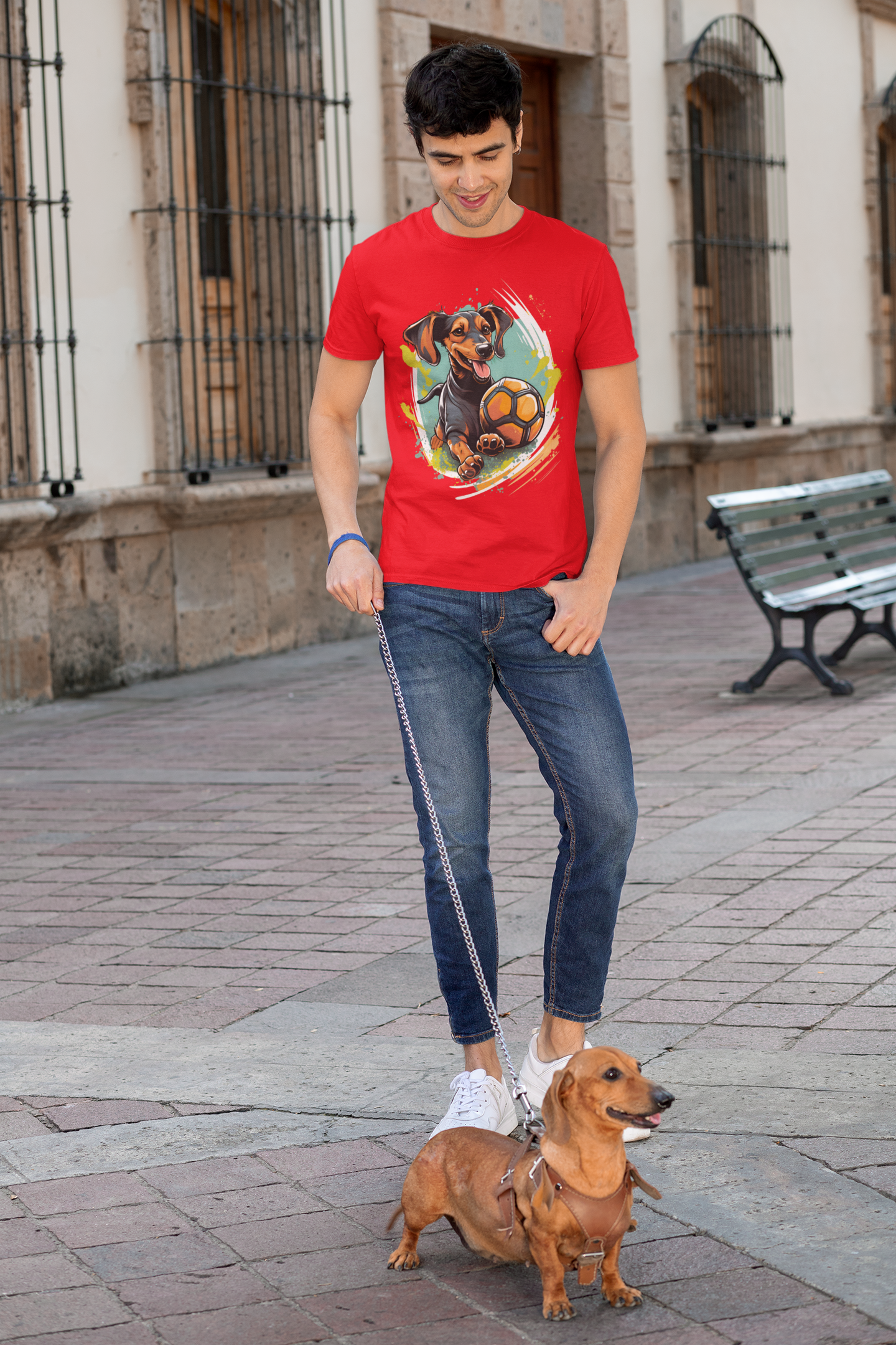 Dachsund soccer shirt mockup - ed Dachsund got a ball soccer tee shirt unisex mockup With model and dog.