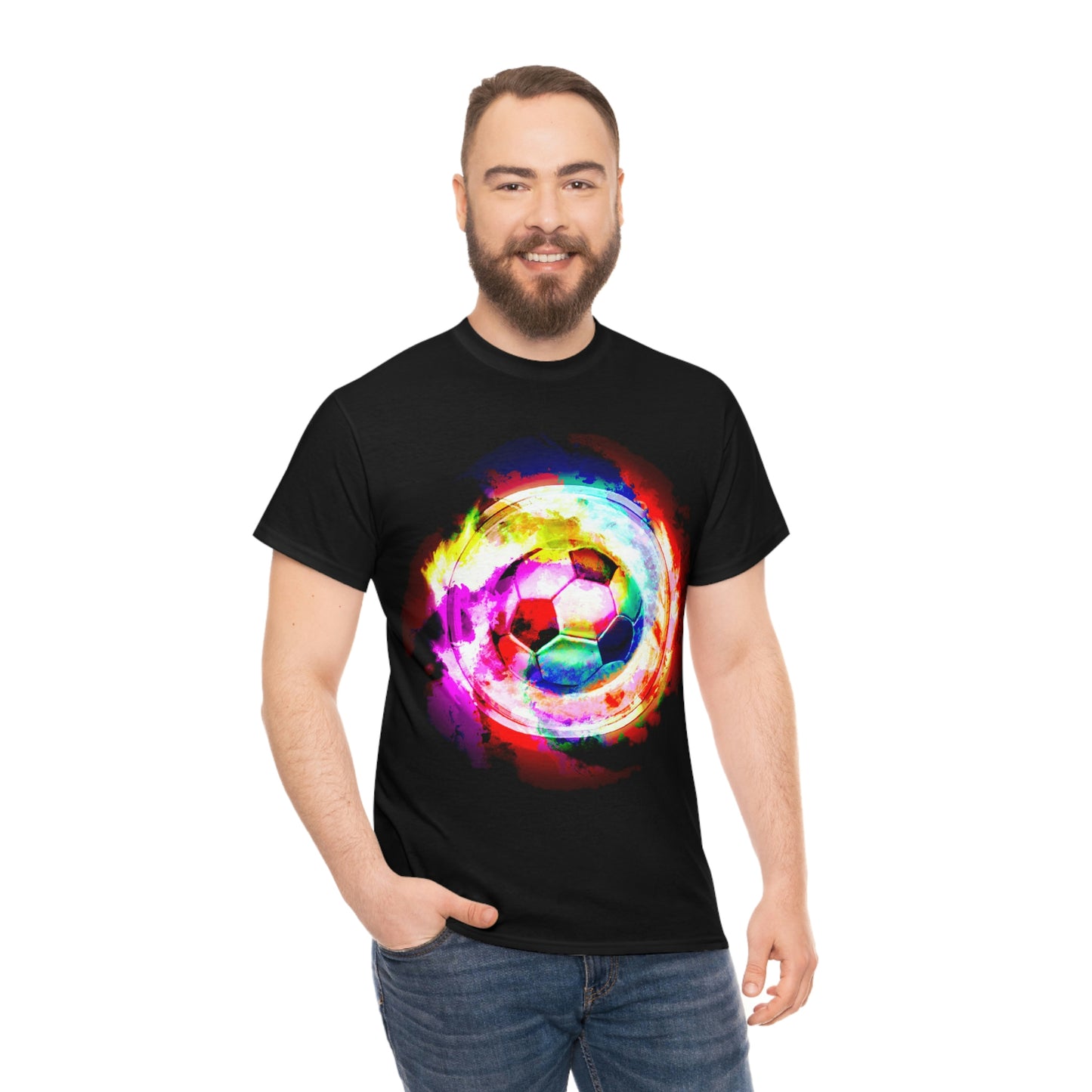 Bearded Man Black T-shirt Mockup: Rainbow Nebula Soccer Design