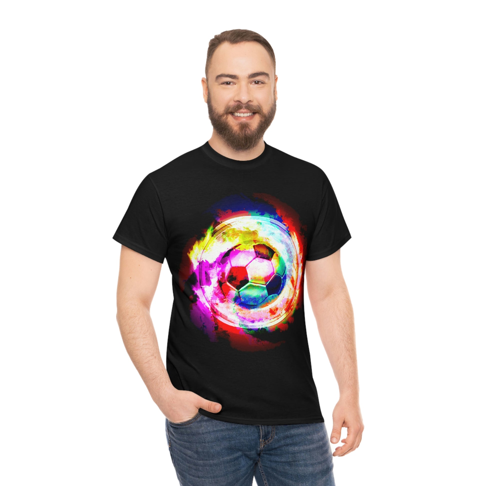 Bearded Man Black T-shirt Mockup: Rainbow Nebula Soccer Design