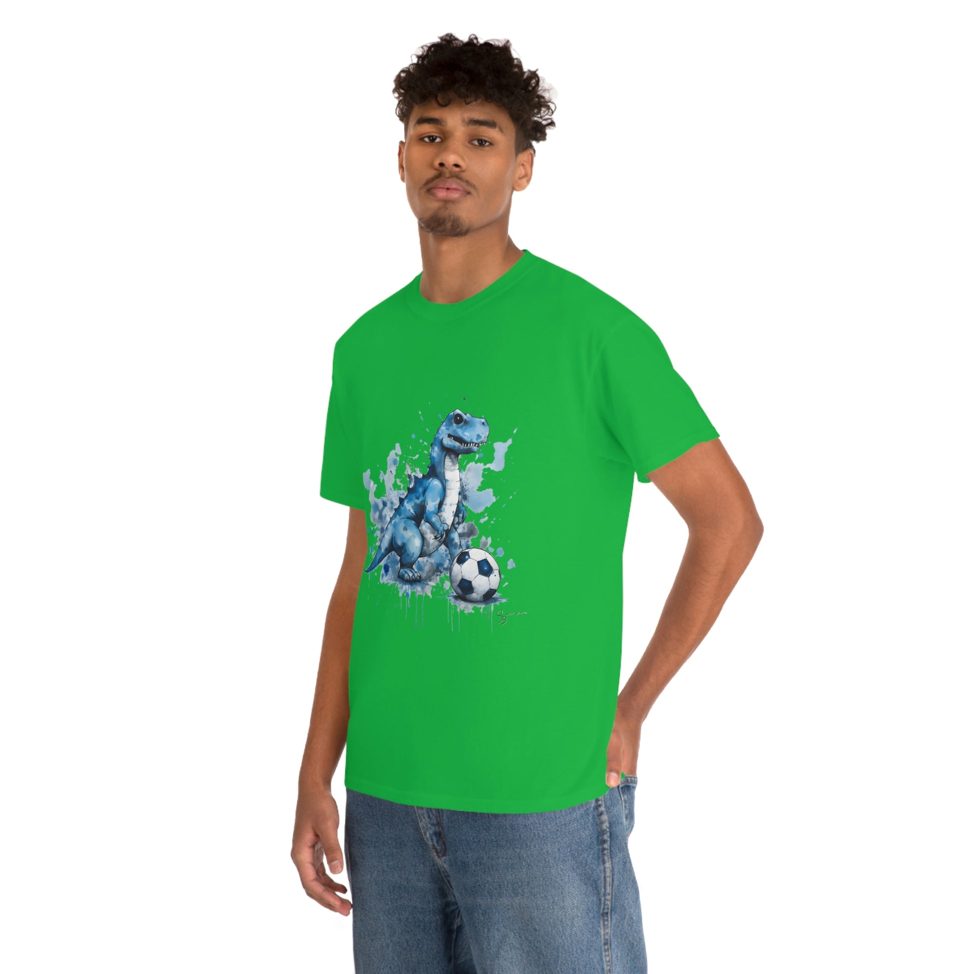 Blue Water Color Soccer T-Rex Shirt male model, green shirt mockup