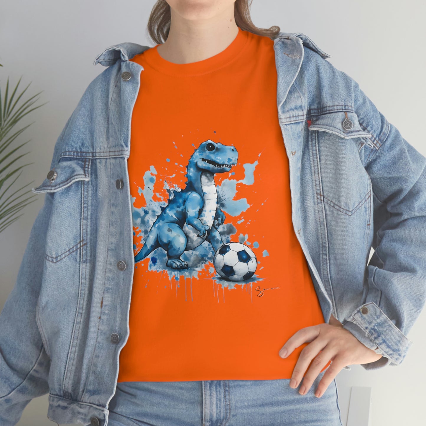 Blue Water Color Soccer T-Rex Shirt levi jeans jacket and orange t-shirt