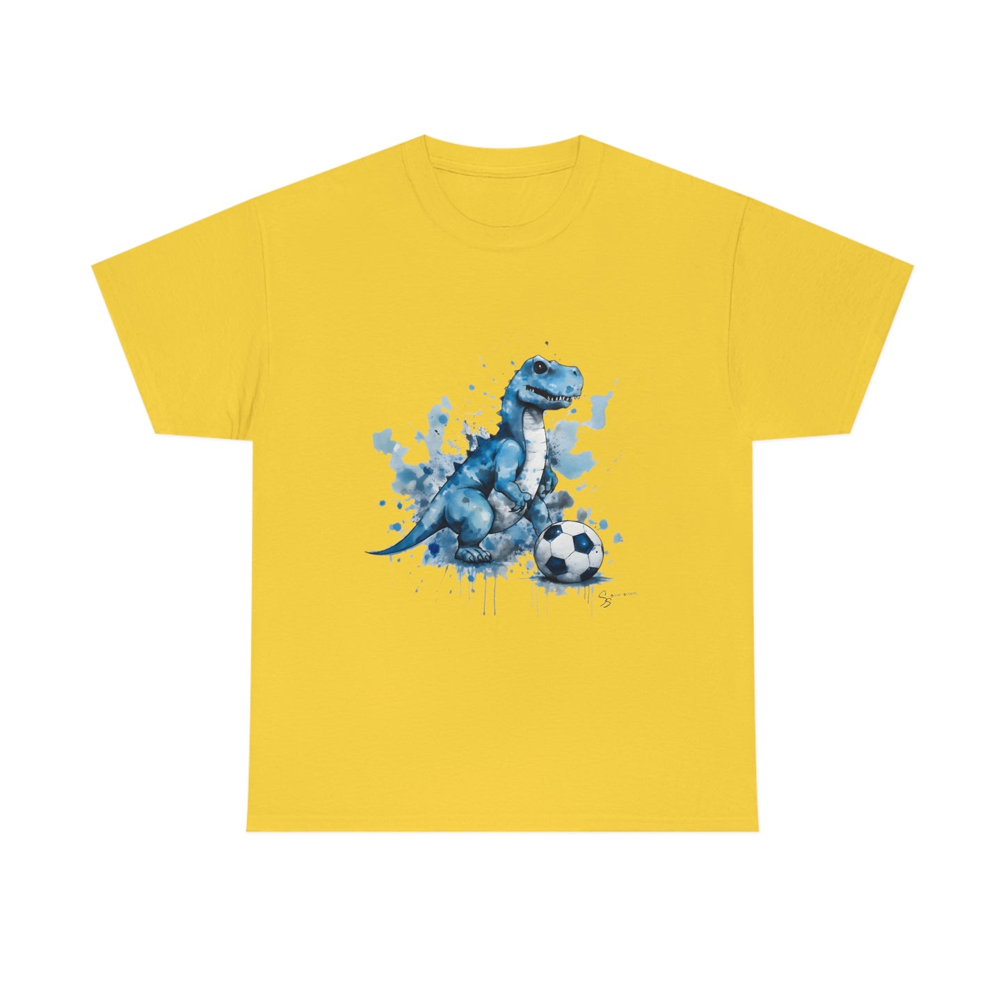 Blue Water Color Soccer T-Rex Shirt yellow t-shirt