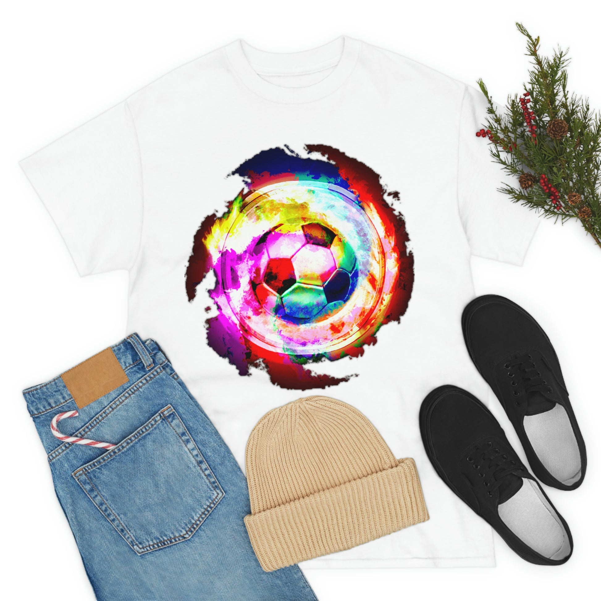 White t-shirt mockup with assorted apparel items: Rainbow Nebula Soccer Design