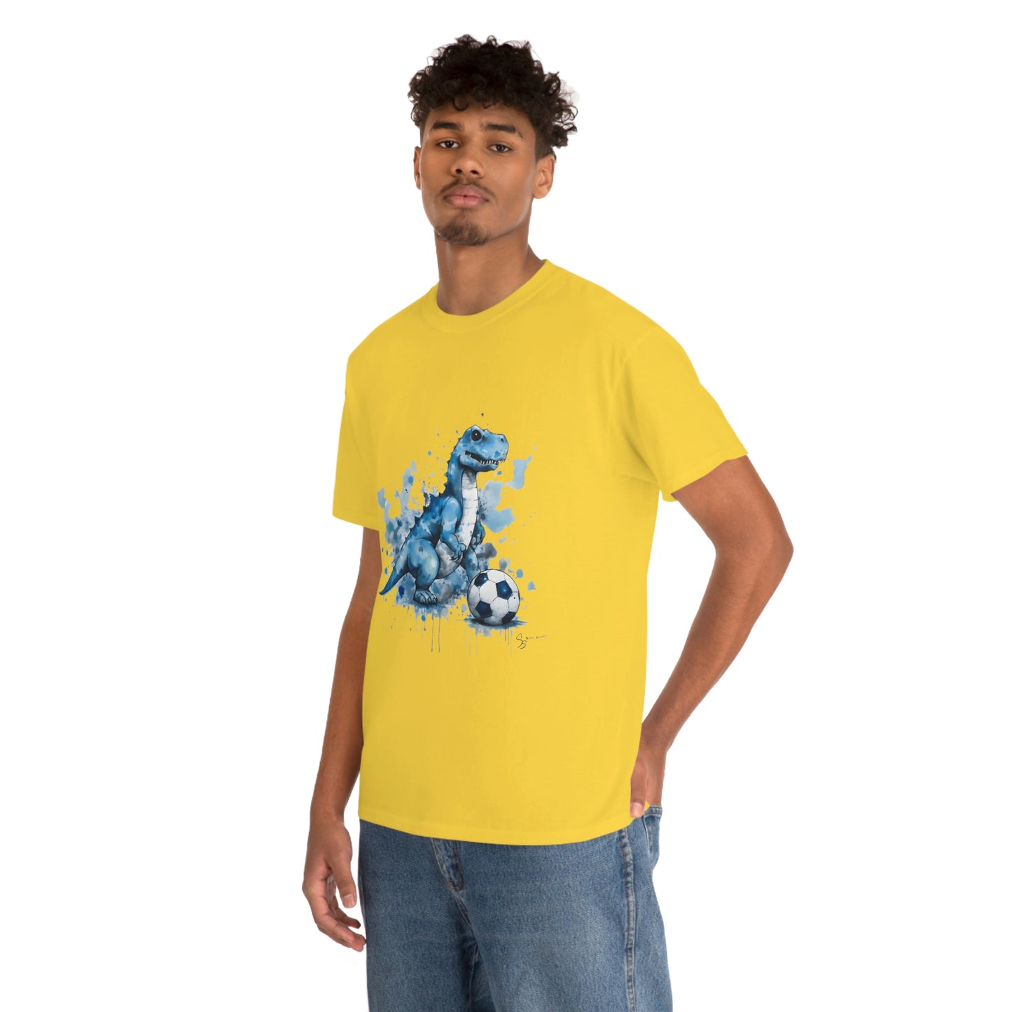 Blue Water Color Soccer T-Rex Shirt male model, yellow shirt mockup