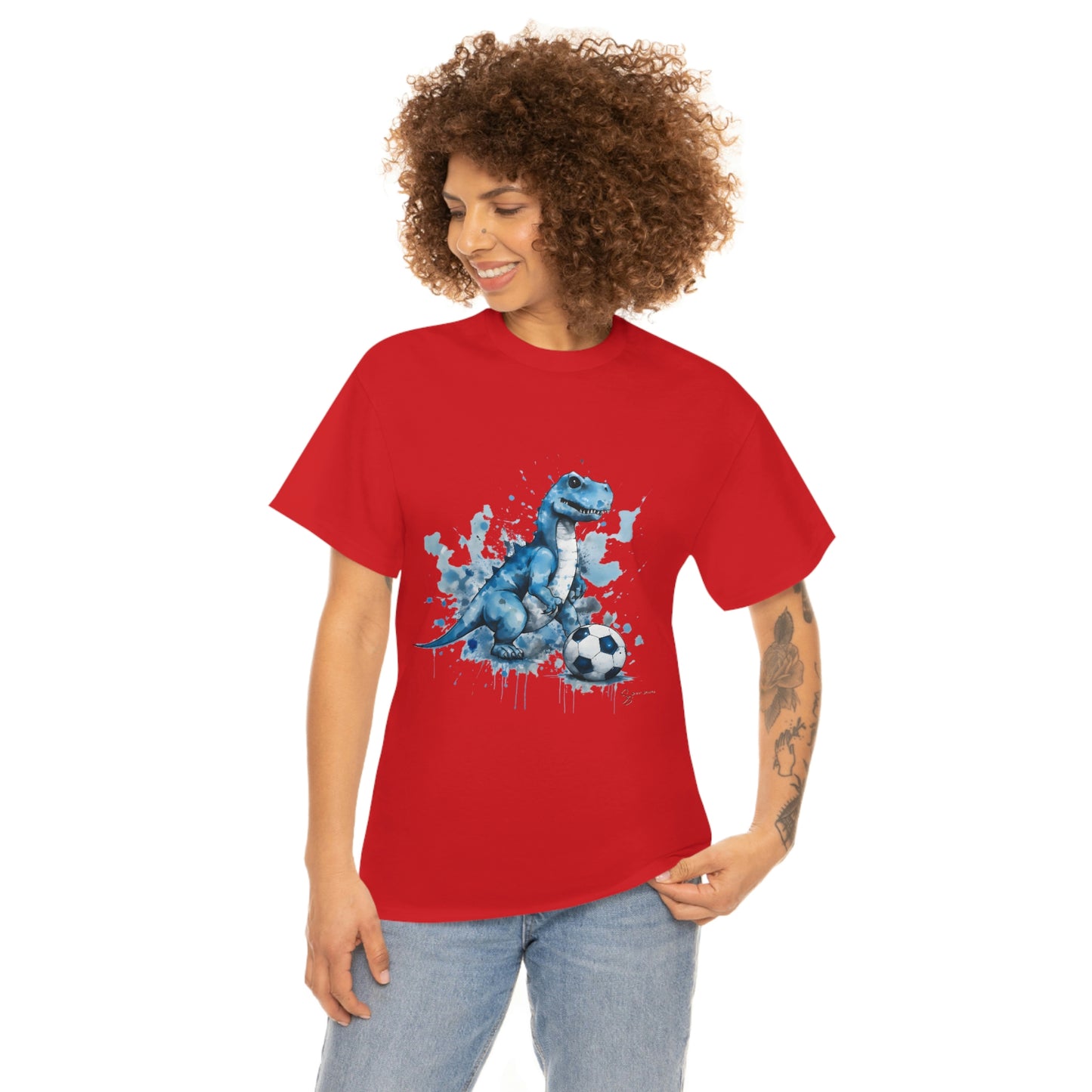 Blue Water Color Soccer T-Rex Shirt female model red shirt mockup