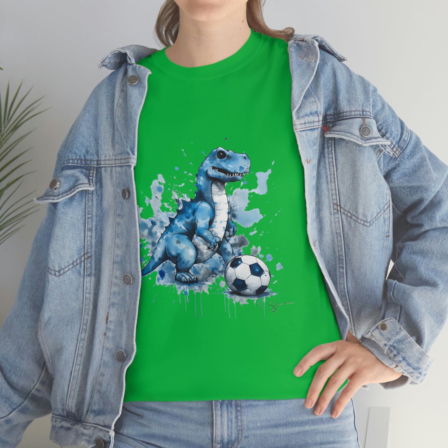 Blue Water Color Soccer T-Rex Shirt jeans jacket, green shirt mockup