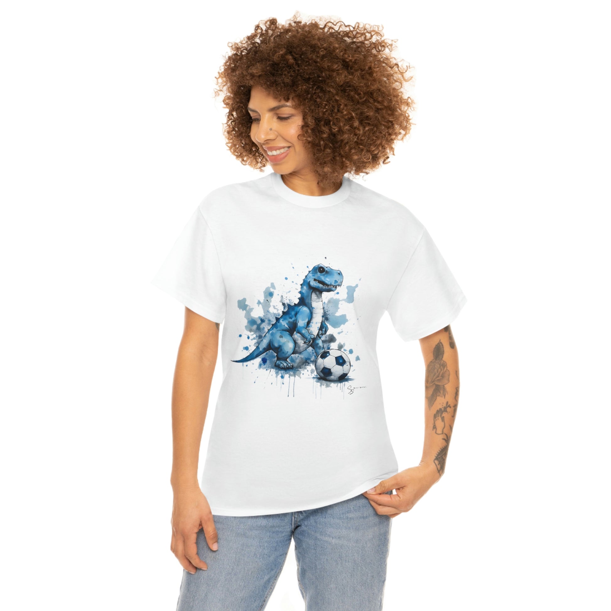 Blue Water Color Soccer T-Rex Shirt  - female model with white shirt mockup