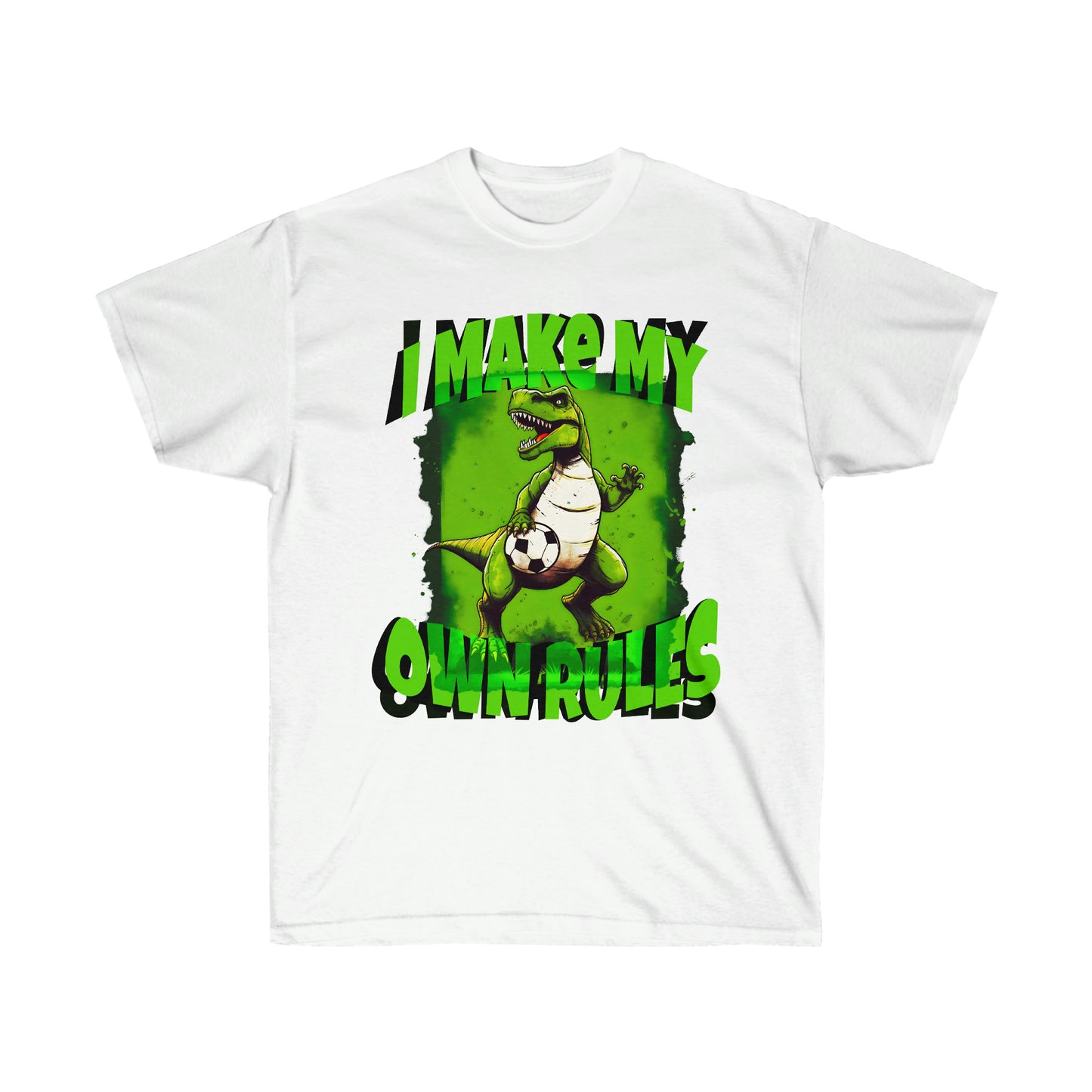 White "I make my own rules" soccer t-rex shirt, flat mockup.