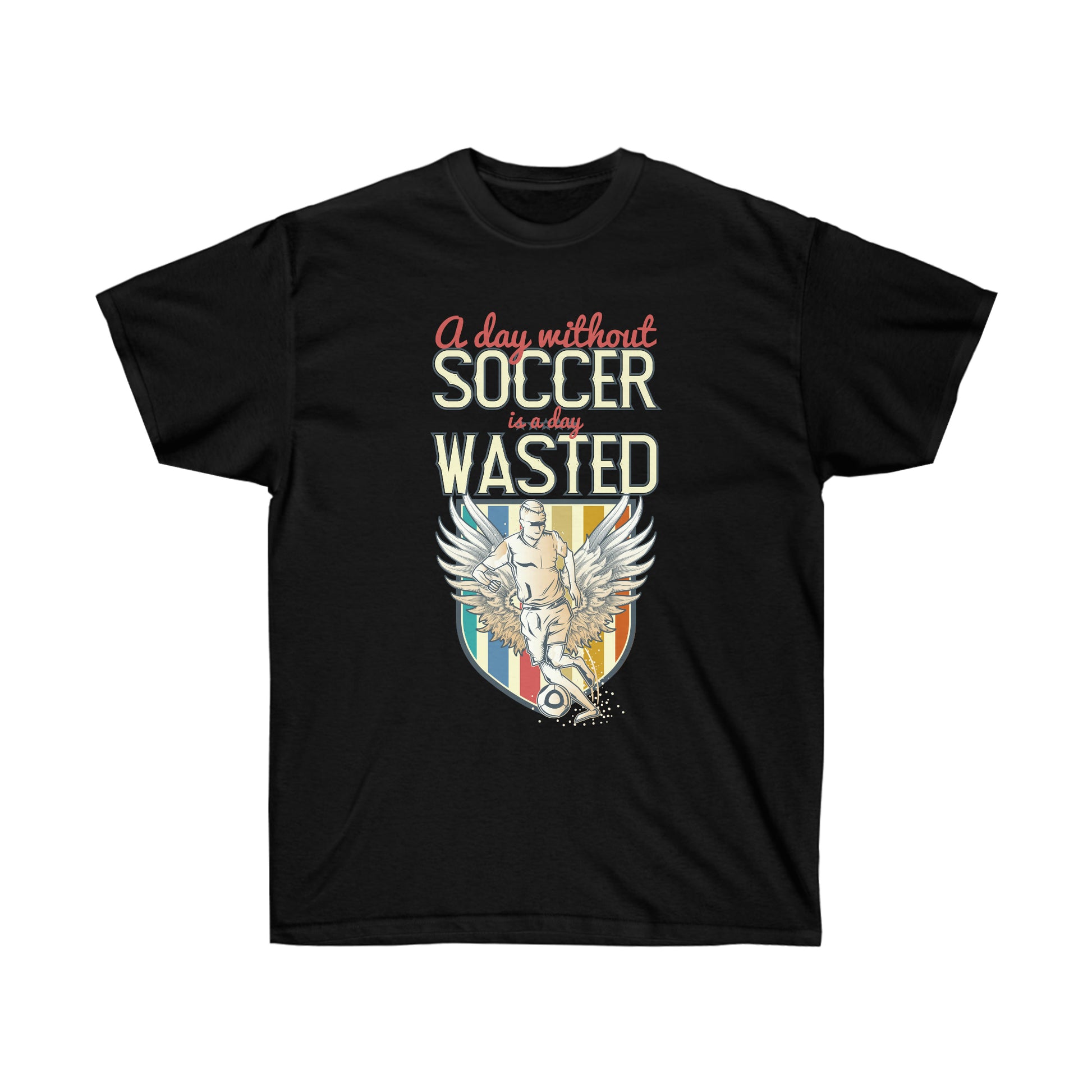 Black shirt mockup on white background, A day without soccer is a day wasted, best soccer shirts, only at soccershocker.com