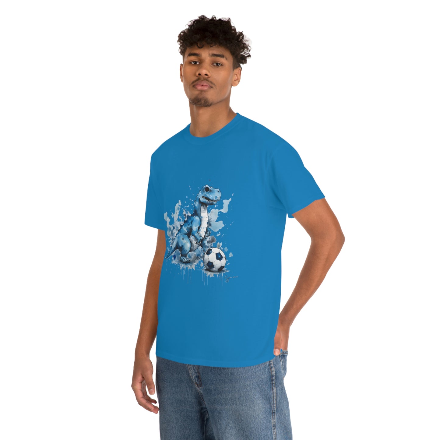 Blue Water Color Soccer T-Rex Shirt blue shirt male model