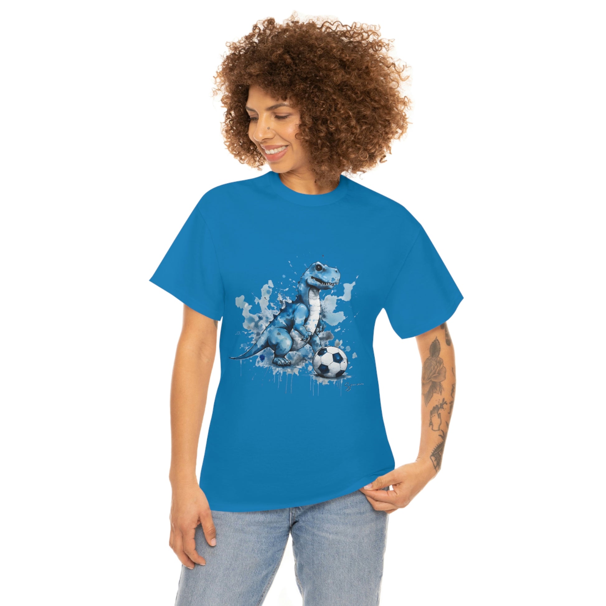 Blue Water Color Soccer T-Rex Shirt female model blue shirt mockup