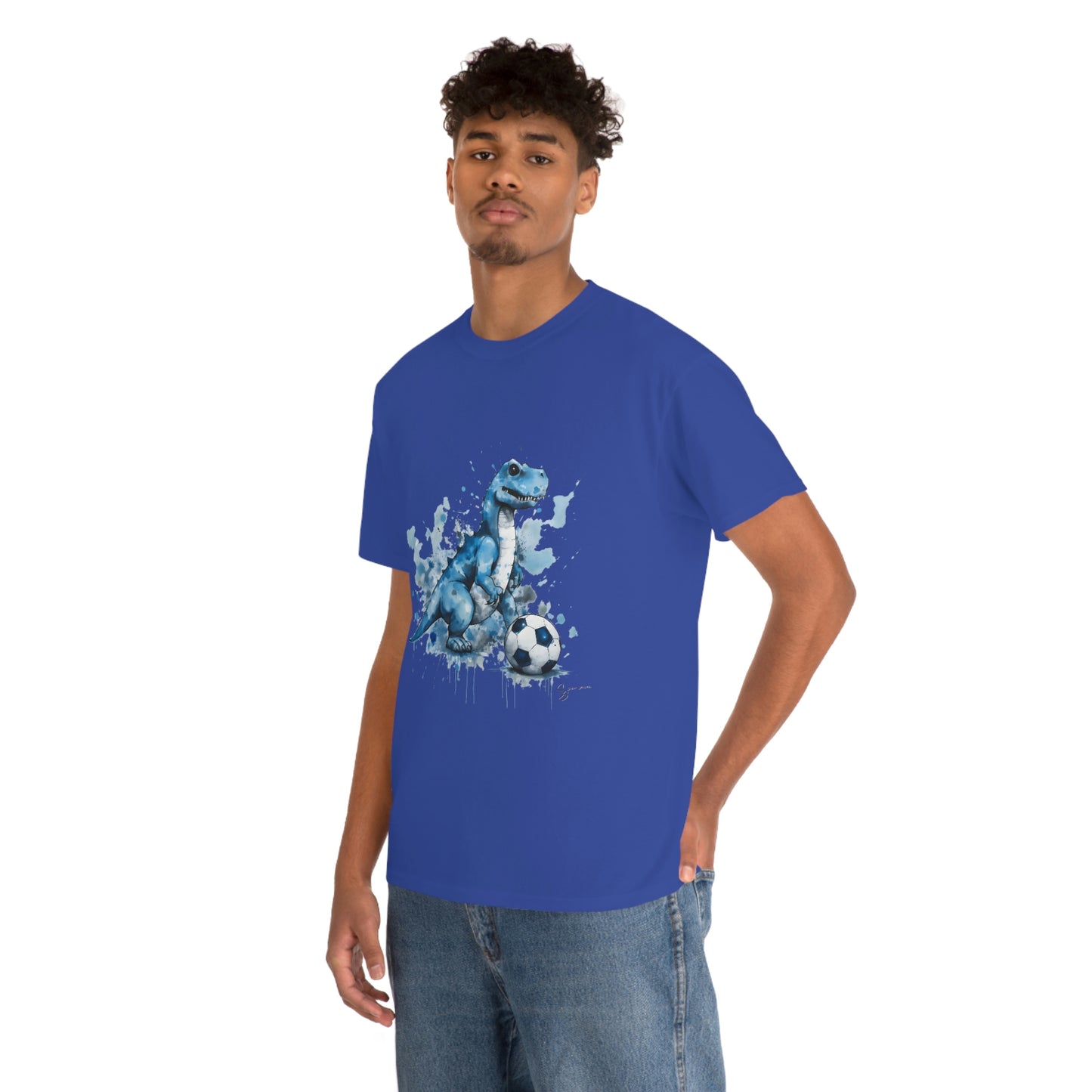 Blue Water Color Soccer T-Rex Shirt male model cobalt shirt mockup