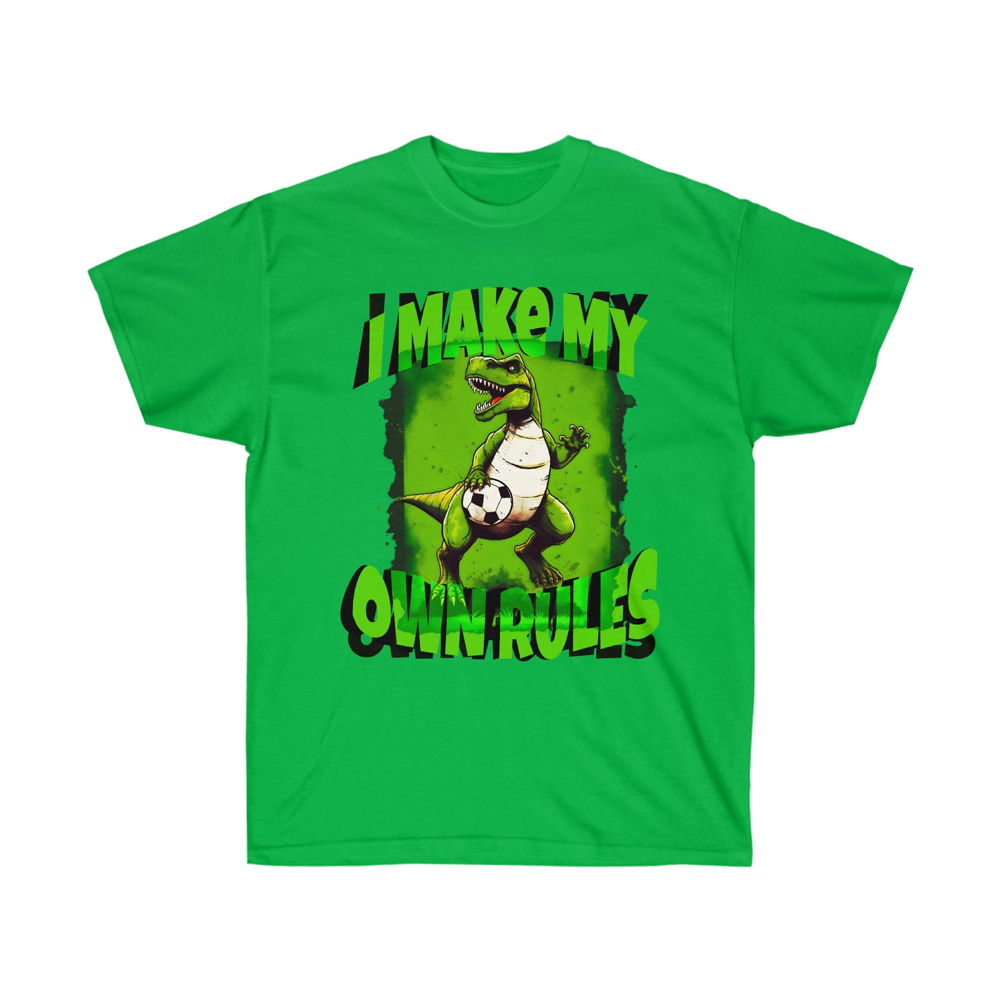 Green shirt flat mockup: Looking to show off your inner rebel on and off the soccer field? Look no further than this T-Rex soccer design tee! The realistic T-Rex design and bold lettering proclaiming "I make my own rules" is the perfect way to showcase your individuality and independence