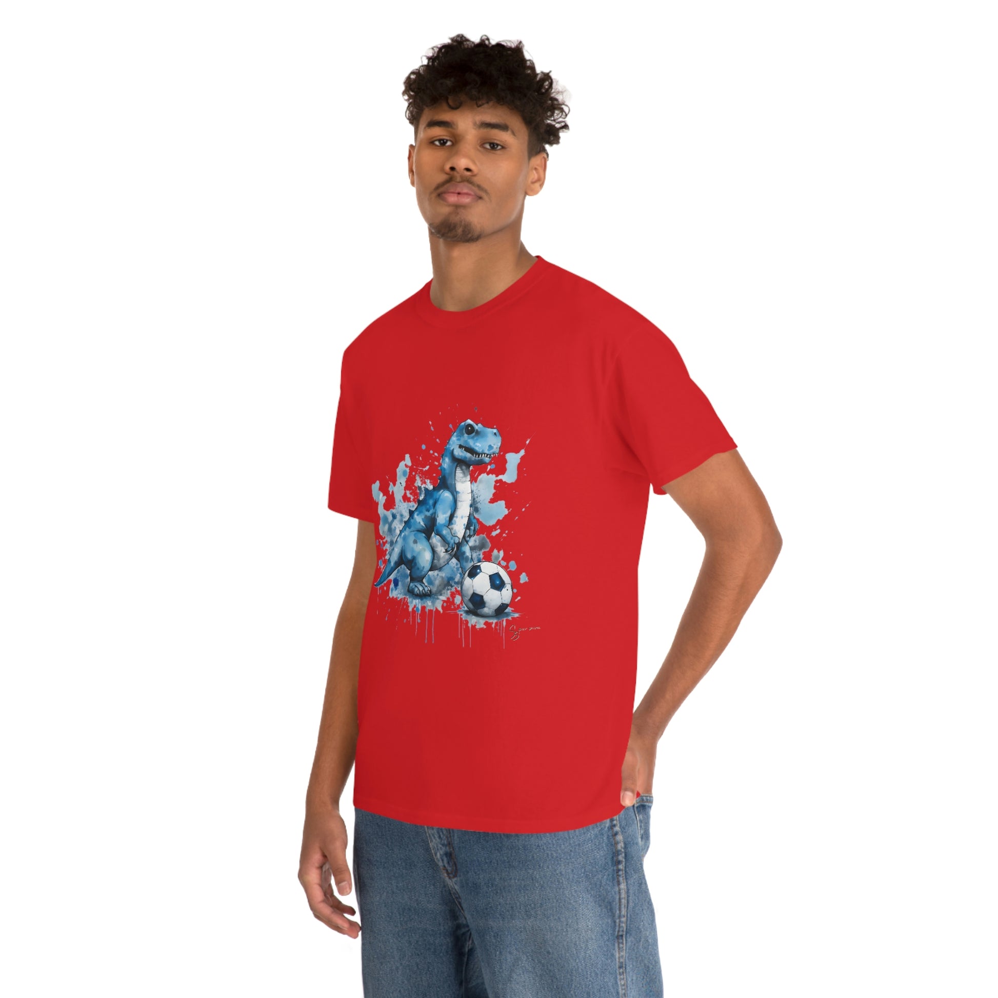 Blue Water Color Soccer T-Rex Shirt male model red shirt mockup