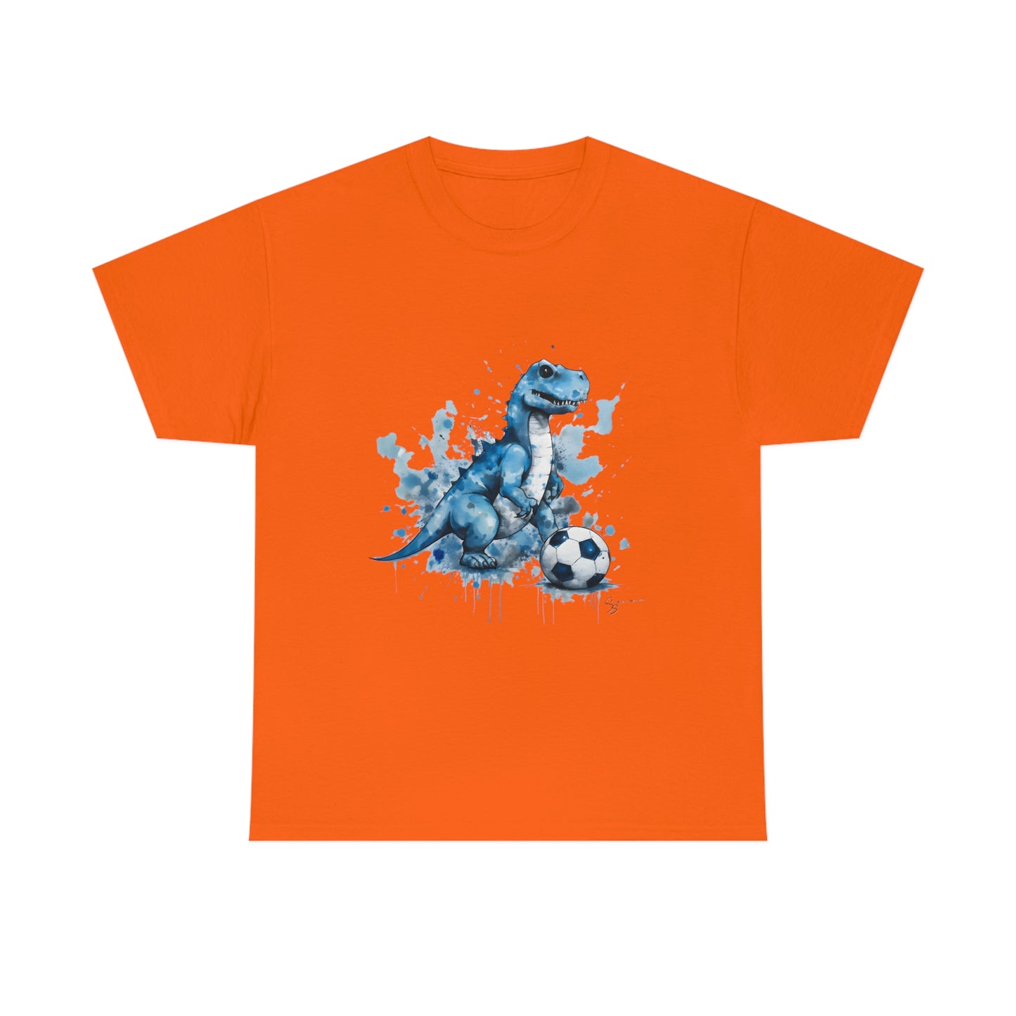 Blue Water Color Soccer T-Rex Shirt  - orange shirt mockup