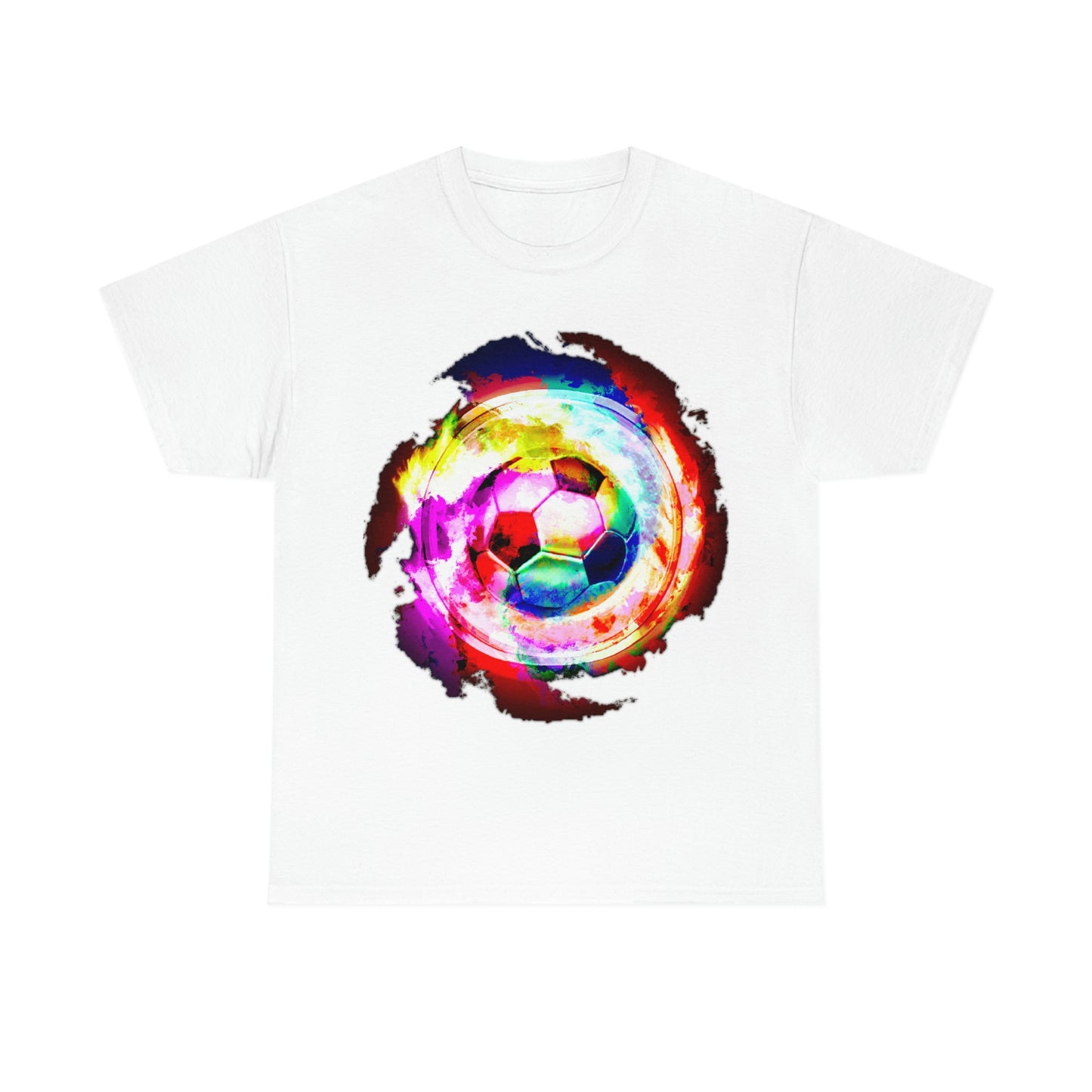 White T-shirt mockup: Rainbow Nebula Soccer Design