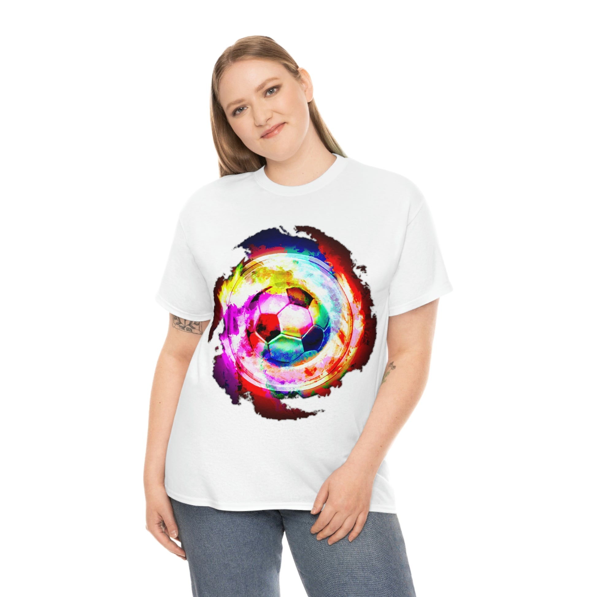 White T-shirt mockup with female model: Rainbow Nebula Soccer Design