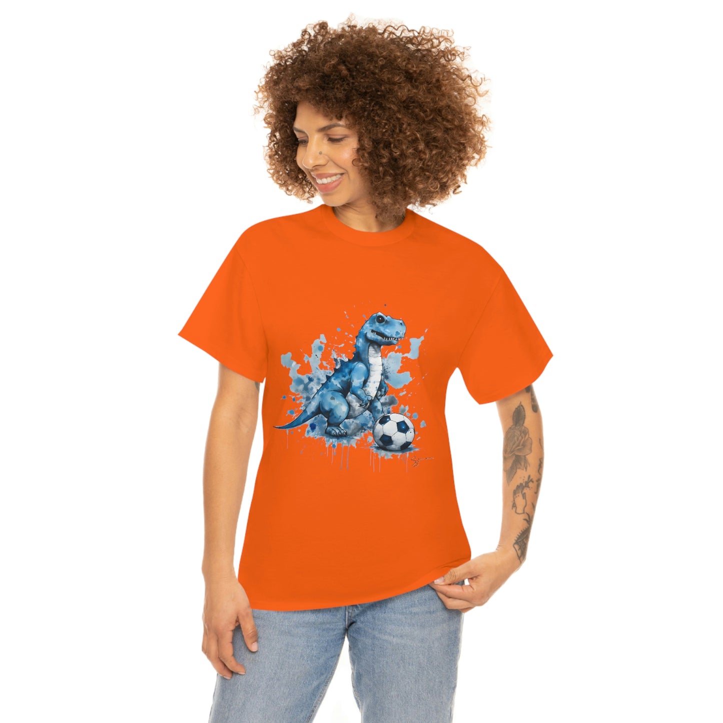 Blue Water Color Soccer T-Rex Shirt female model orange shirt