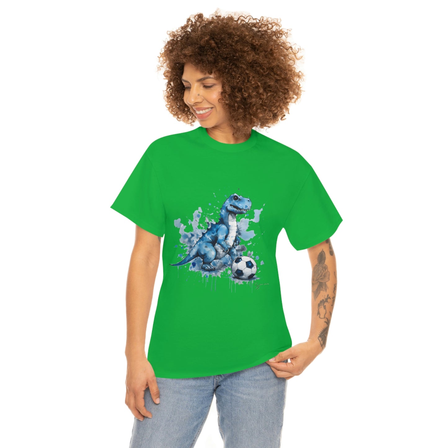 Blue Water Color Soccer T-Rex Shirt female model green shirt mockup