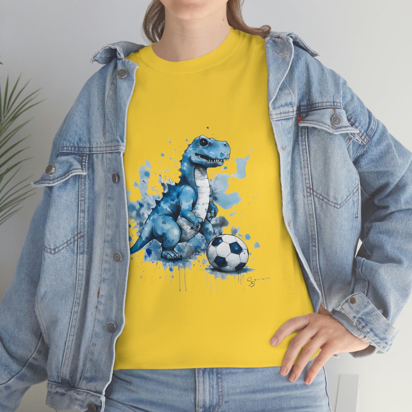 Blue Water Color Soccer T-Rex Shirt levi jeans jacket, yellow tshirt mockup