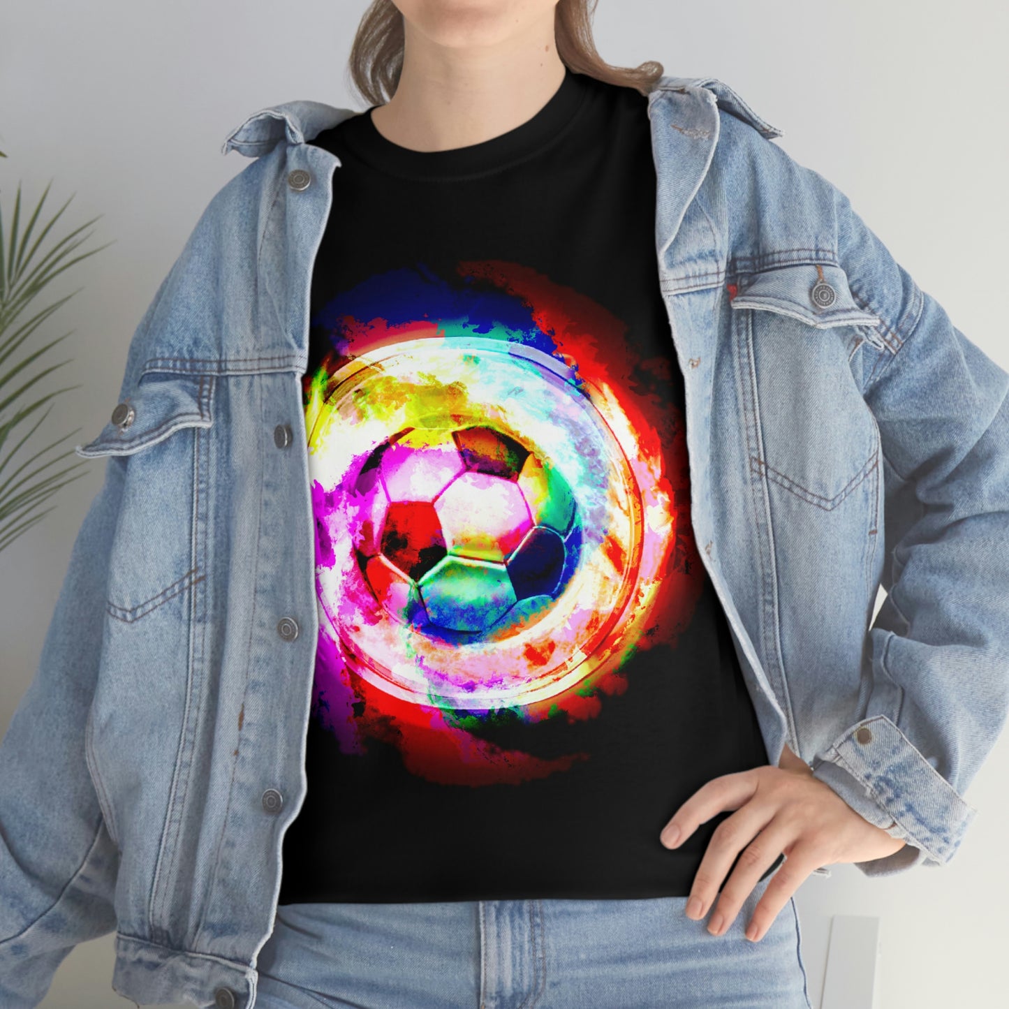 Black T-shirt Mockup with levi jacket: Rainbow Nebula Soccer Design