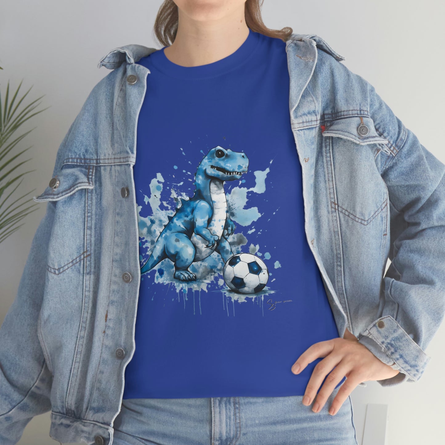 Blue Water Color Soccer T-Rex Shirt jeans jacket cobalt shirt mockup