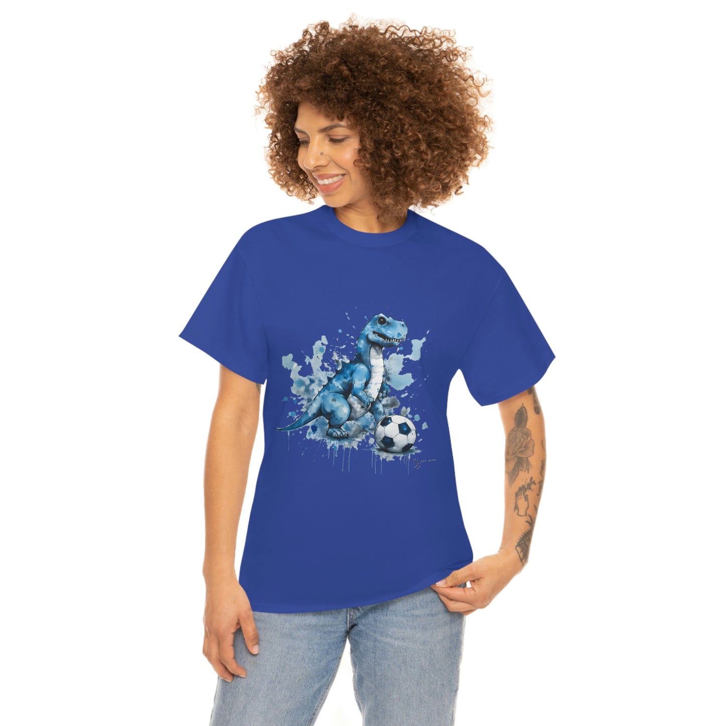 Blue Water Color Soccer T-Rex Shirt female model cobalt shirt mockup