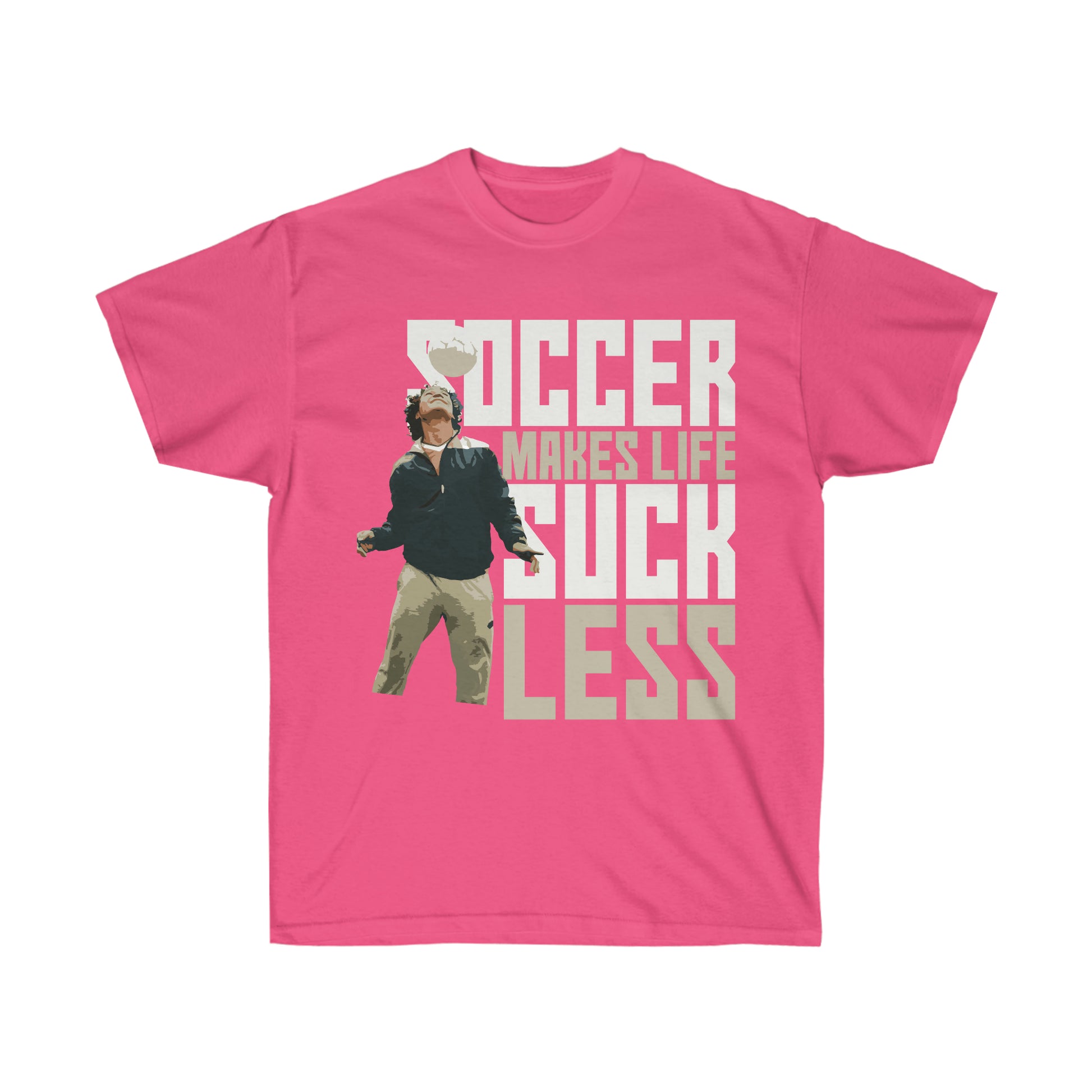 Pink Tee Shirt: With its bold lettering and playful message, this shirt is sure to turn heads and spark conversations. Whether you're wearing it to a game or just out and about, you'll feel confident and comfortable in this stylish tee. And best of all, it's a great way to remind yourself that no matter what life throws your way, soccer is always there to make things a little bit better.