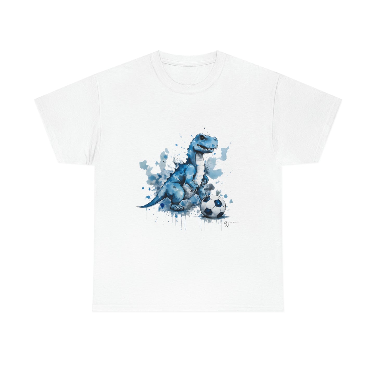 Blue Water Color Soccer T-Rex Shirt  - white t-shirt mockup