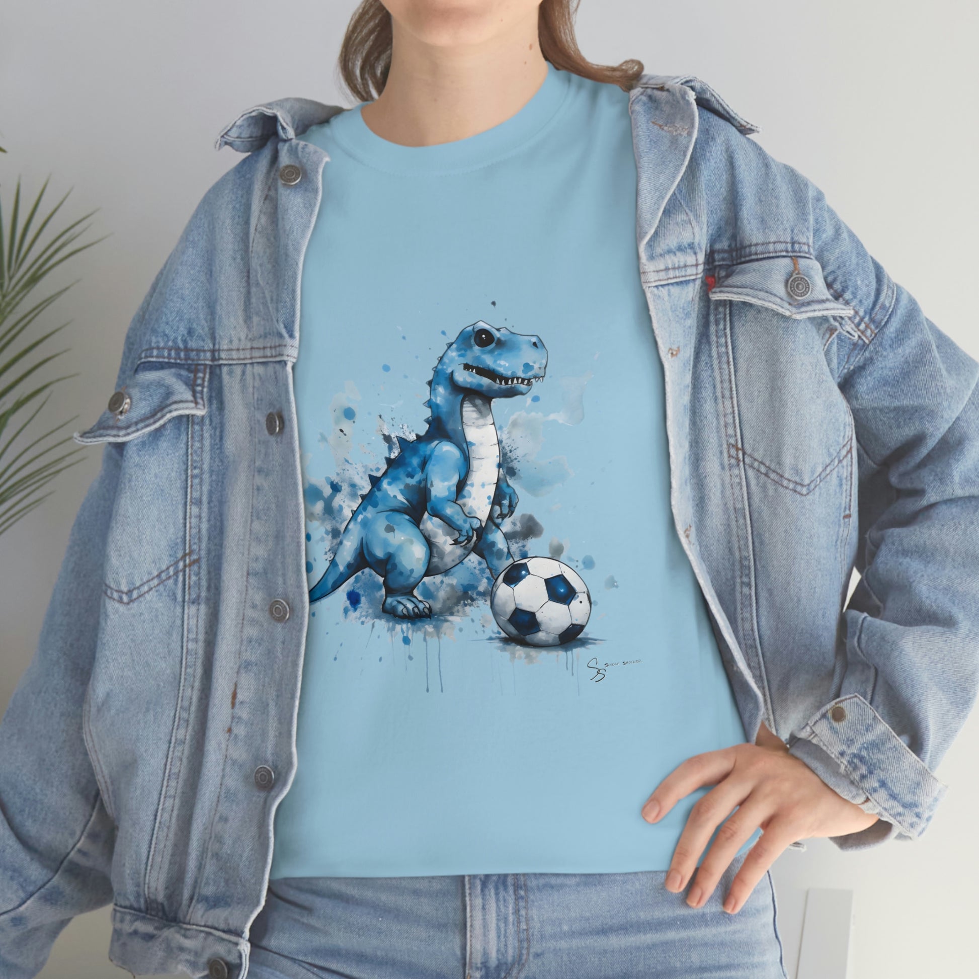 Blue Water Color Soccer T-Rex Shirt female model, light blue t-shirt