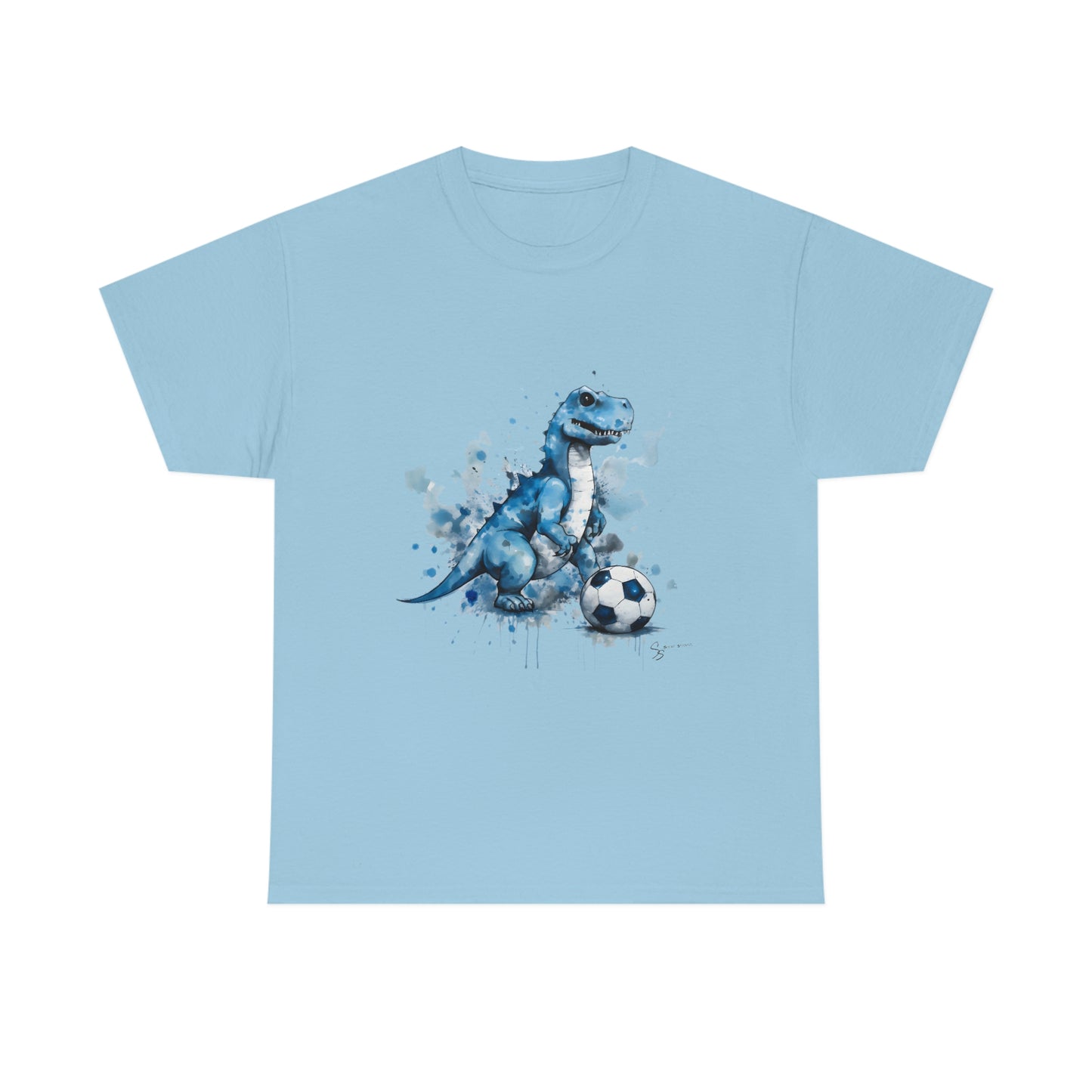 Blue Water Color Soccer T-Rex Shirt  light blue shirt mocku[