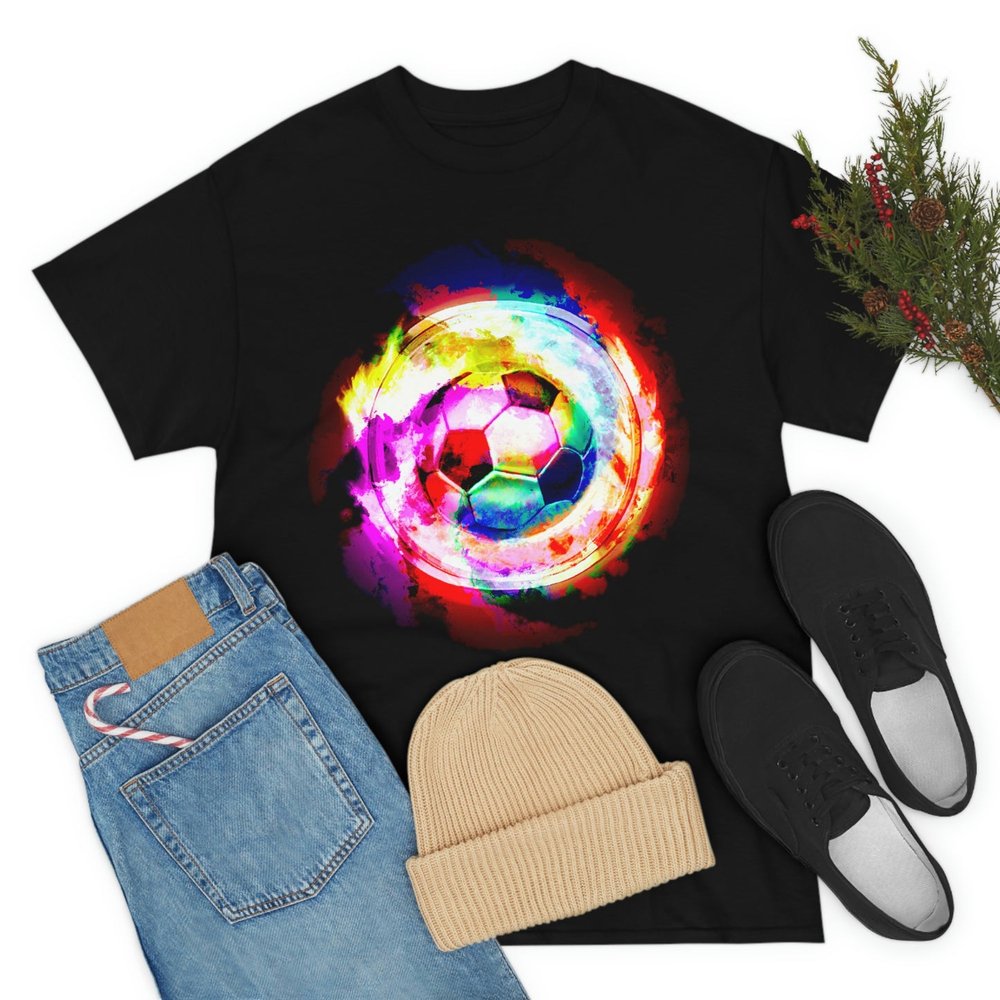 Mockup of black t-shirt with assorted clothing articles: Rainbow Nebula Soccer Design