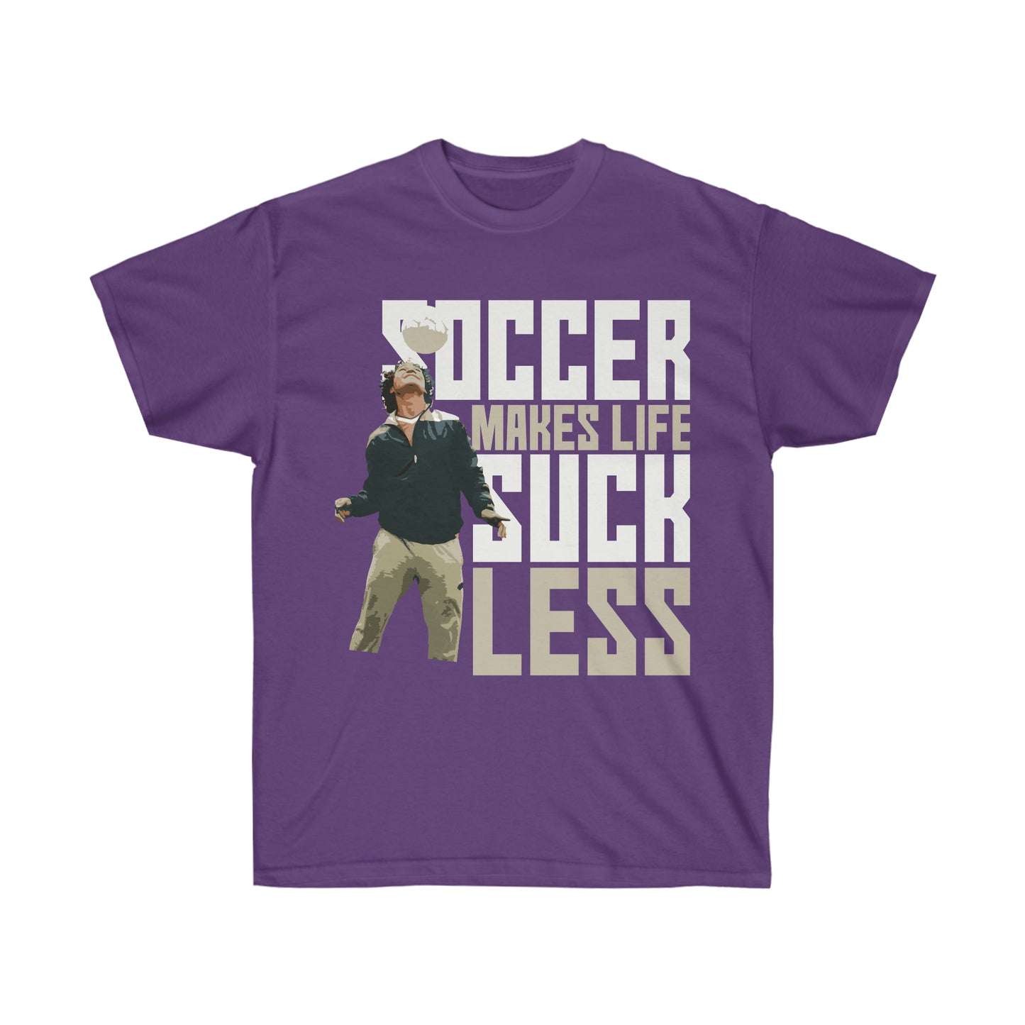 Purple Tee Shirt: With its bold lettering and playful message, this shirt is sure to turn heads and spark conversations. Whether you're wearing it to a game or just out and about, you'll feel confident and comfortable in this stylish tee. And best of all, it's a great way to remind yourself that no matter what life throws your way, soccer is always there to make things a little bit better.